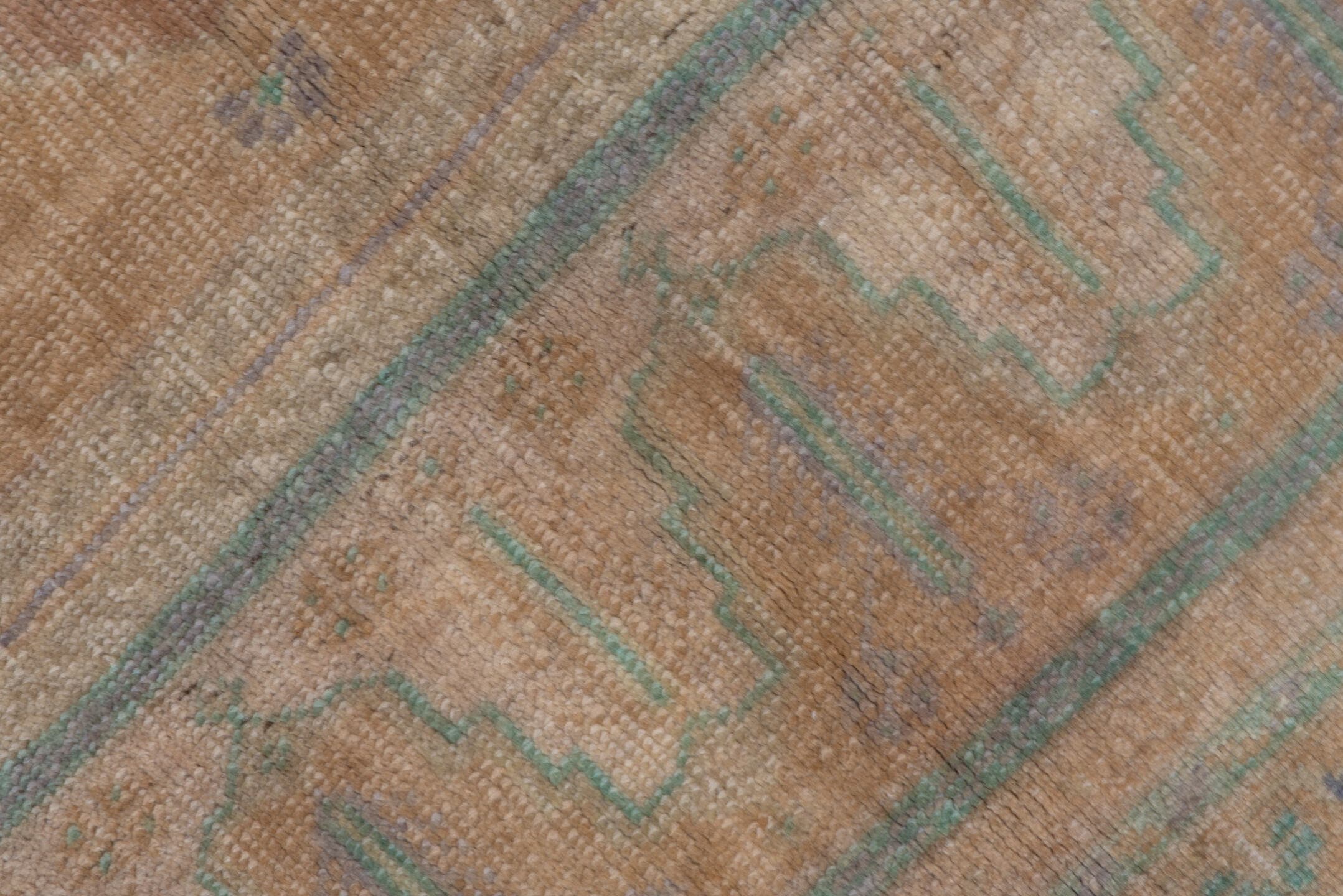 5' x 8' one-of-a-kind handmade antique Oushak medium size rug. Color palette: beige, taupe, aqua, ivory, lavender, sand