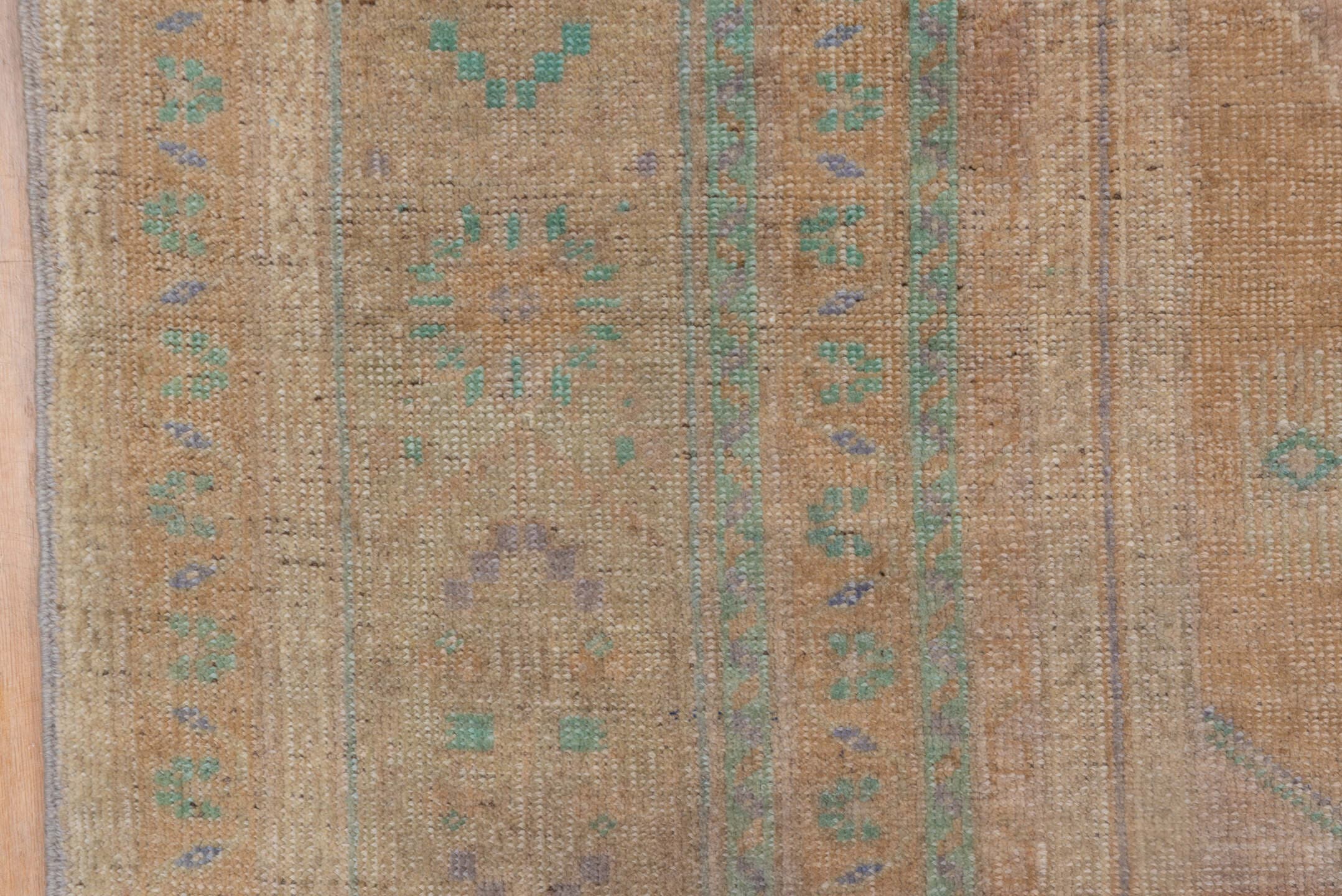 5' x 8' one-of-a-kind handmade antique Oushak medium size rug. Color palette: beige, taupe, aqua, ivory, lavender, sand
