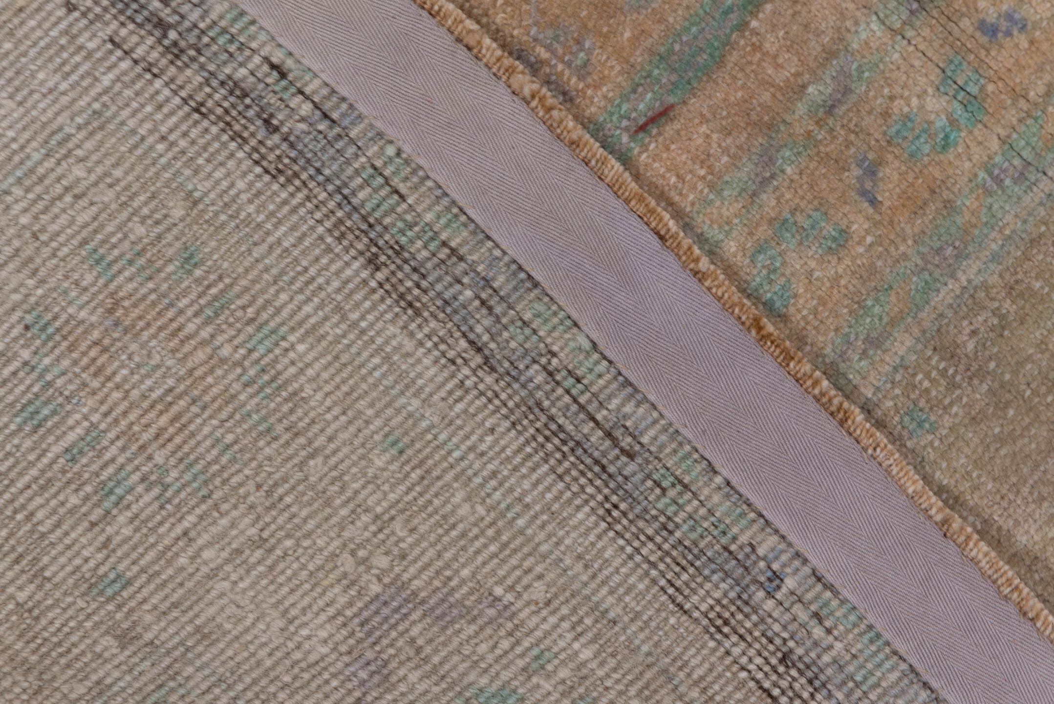 5' x 8' one-of-a-kind handmade antique Oushak medium size rug. Color palette: beige, taupe, aqua, ivory, lavender, sand