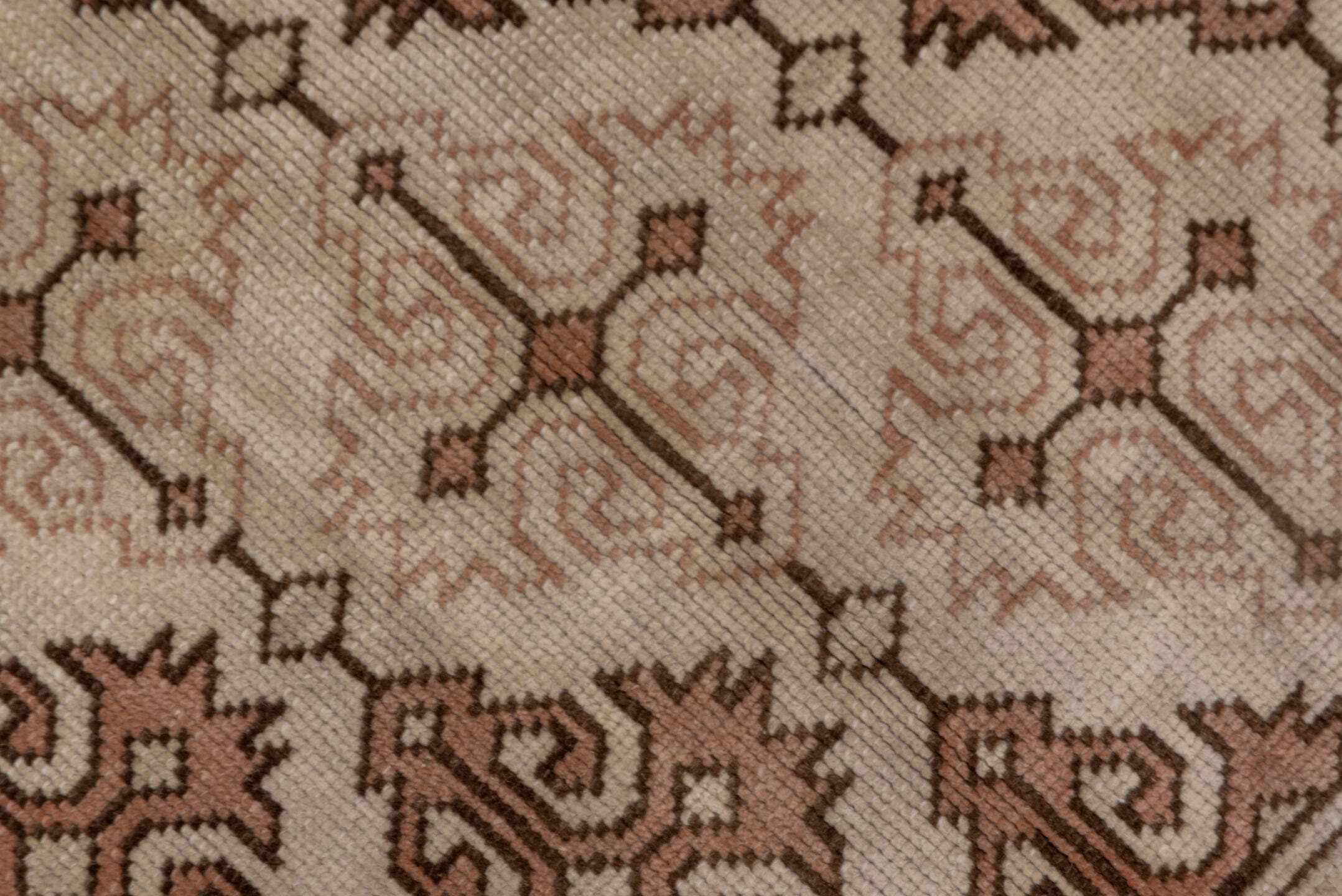 6' x 9' one-of-a-kind handmade antique Oushak medium size rug. Color palette: ivory, taupe, terra cotta, beige, camel, brown