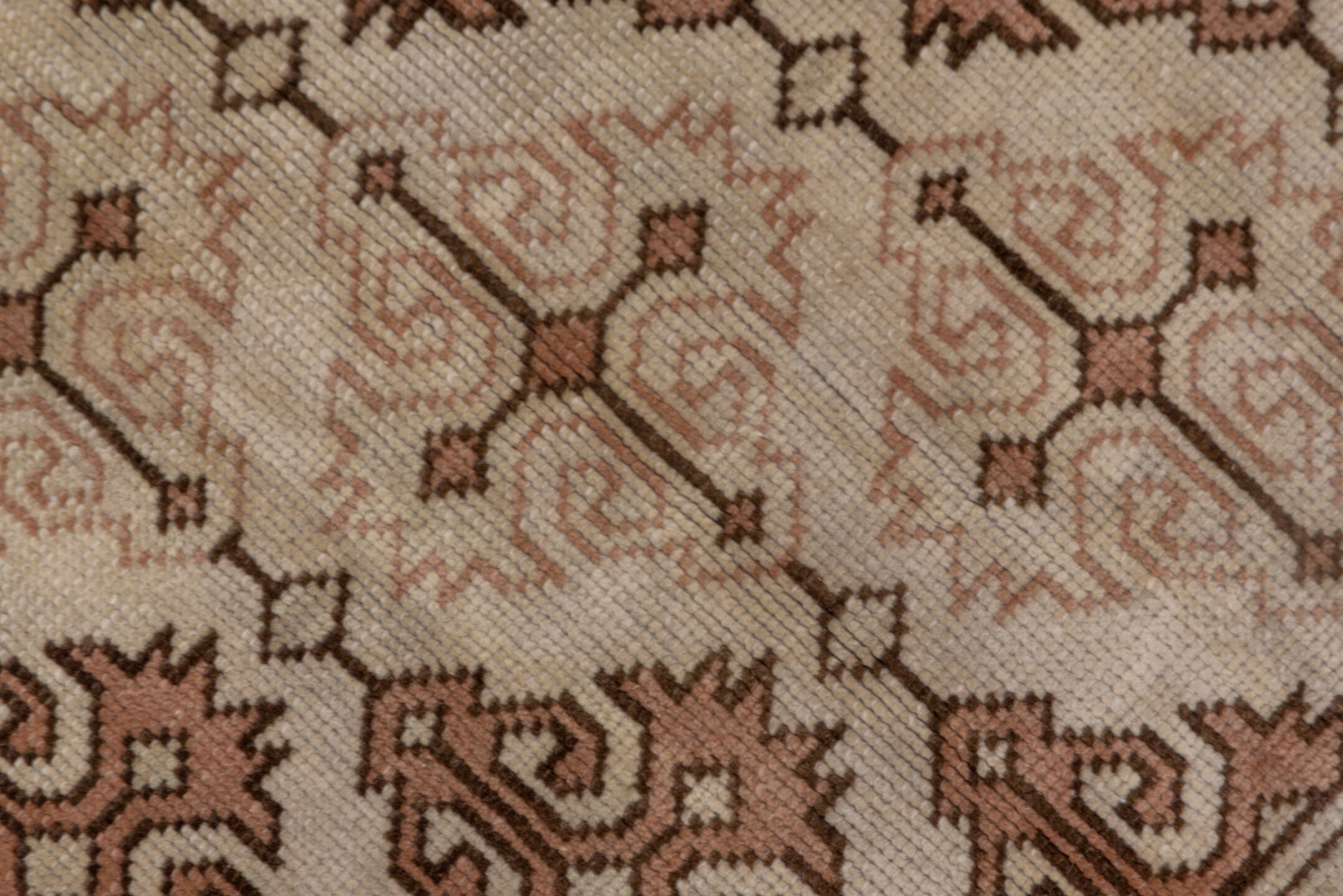 6' x 9' one-of-a-kind handmade vintage Oushak medium size rug. Color palette: brown, gray, off-white, orange, pink