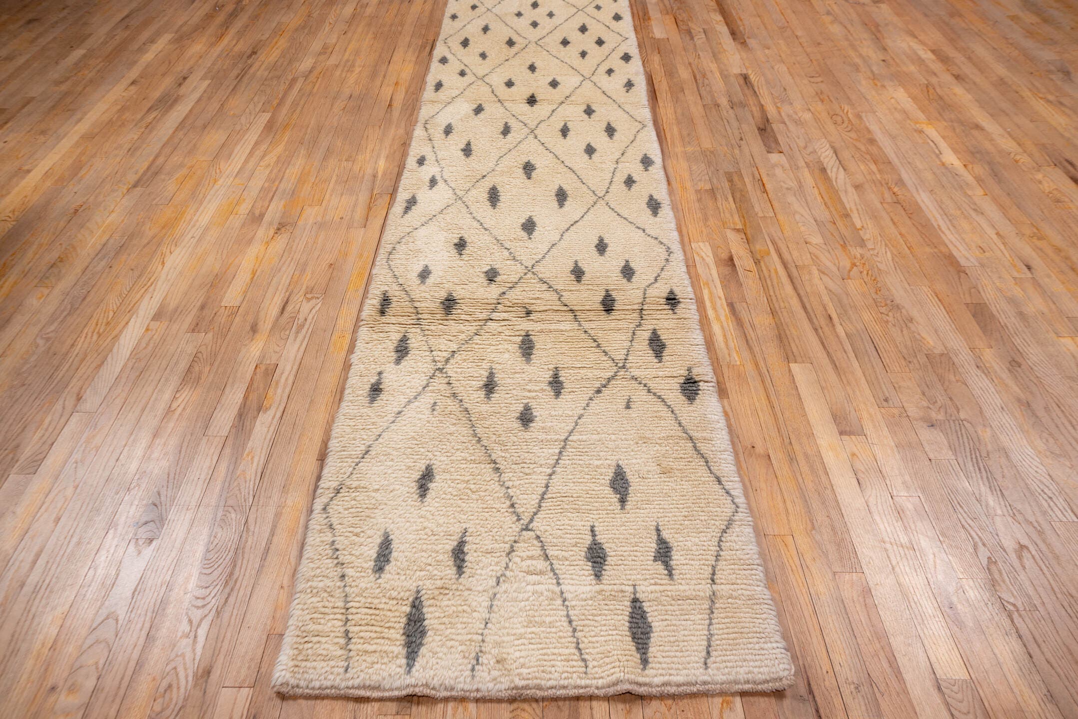 3' x 13' one-of-a-kind handmade vintage Moroccan runner rug. Color palette: ivory, charcoal, cream, taupe, gray, black
