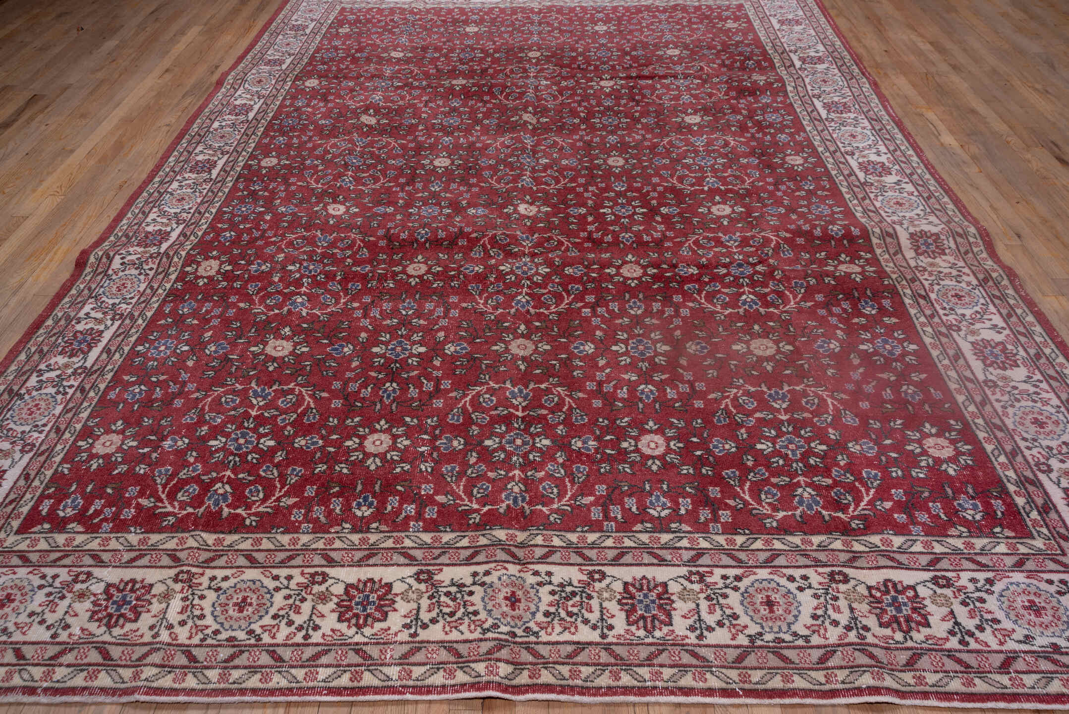 9' x 13' one-of-a-kind handmade vintage Sparta large size rug. Color palette: brown, gray, light gray, off-white, pink, red