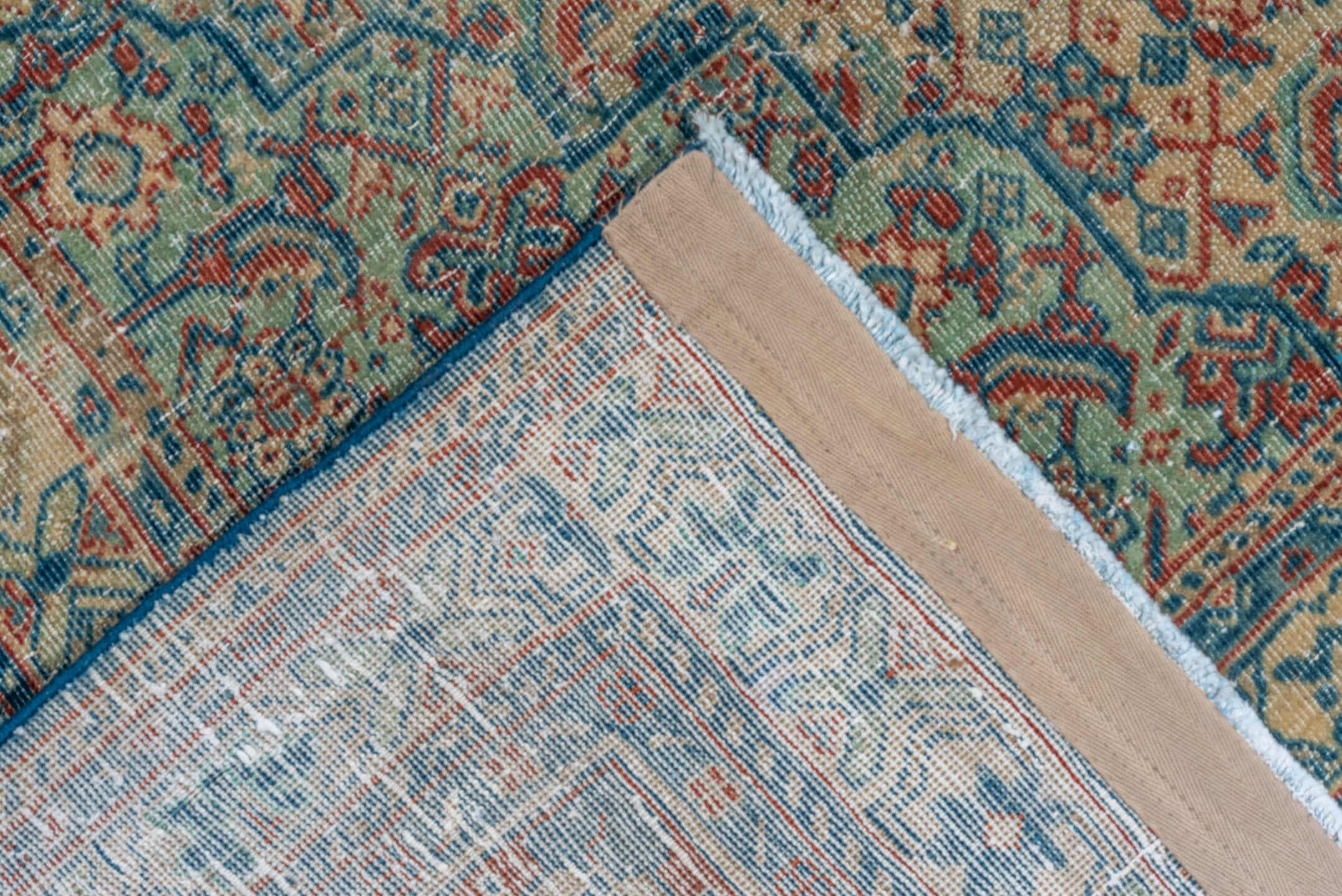 8' x 13' one-of-a-kind handmade antique Tabriz large size rug. Color palette: blue, ivory, rust, teal, camel, navy, coral