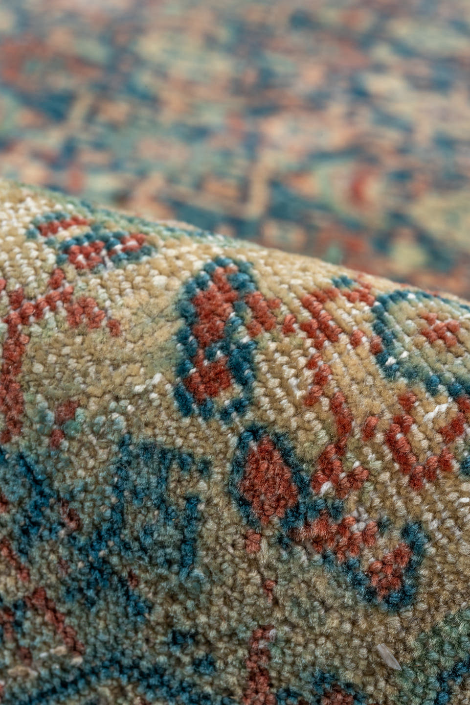 8' x 13' one-of-a-kind handmade antique Tabriz large size rug. Color palette: blue, ivory, rust, teal, camel, navy, coral