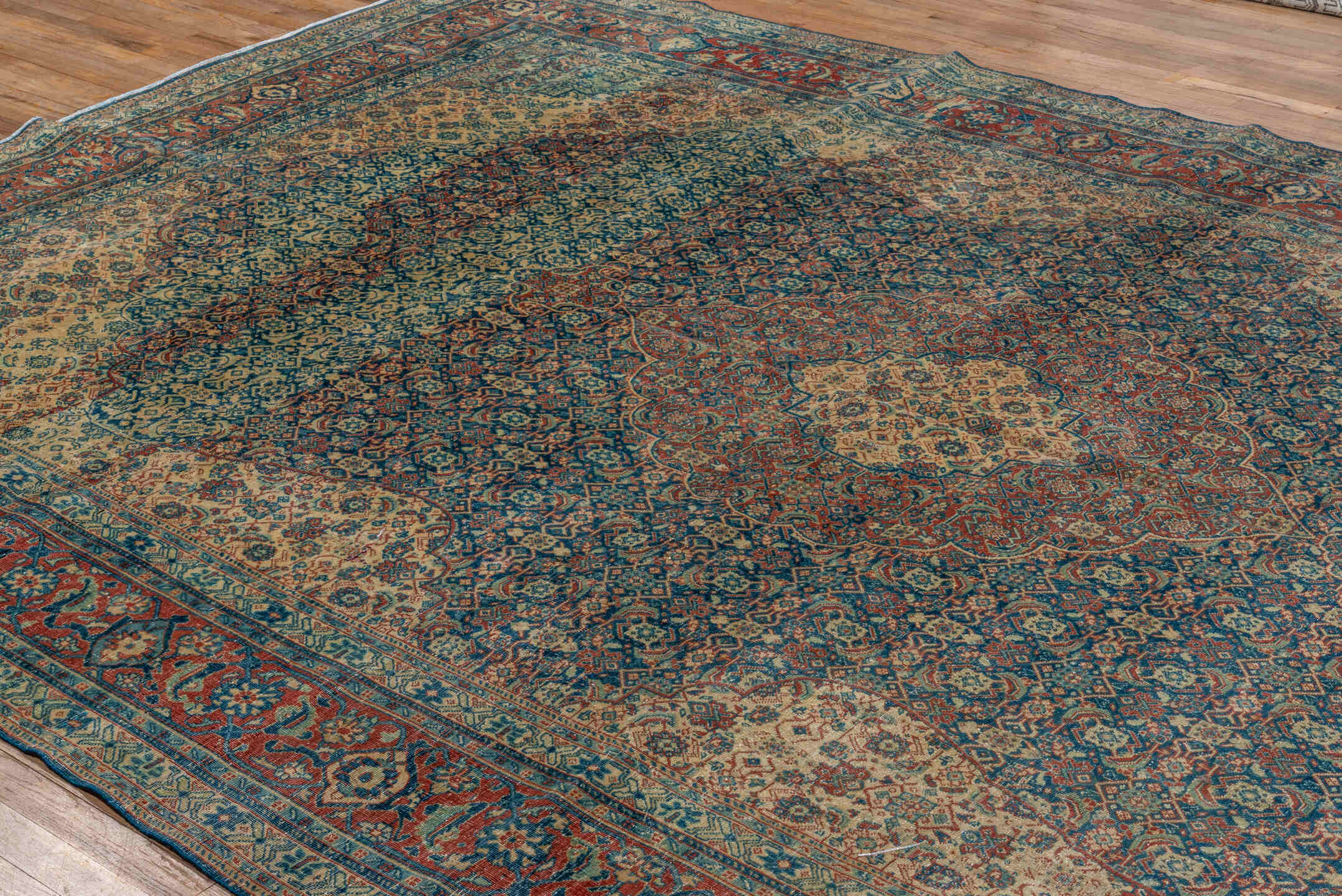 8' x 13' one-of-a-kind handmade antique Tabriz large size rug. Color palette: blue, ivory, rust, teal, camel, navy, coral