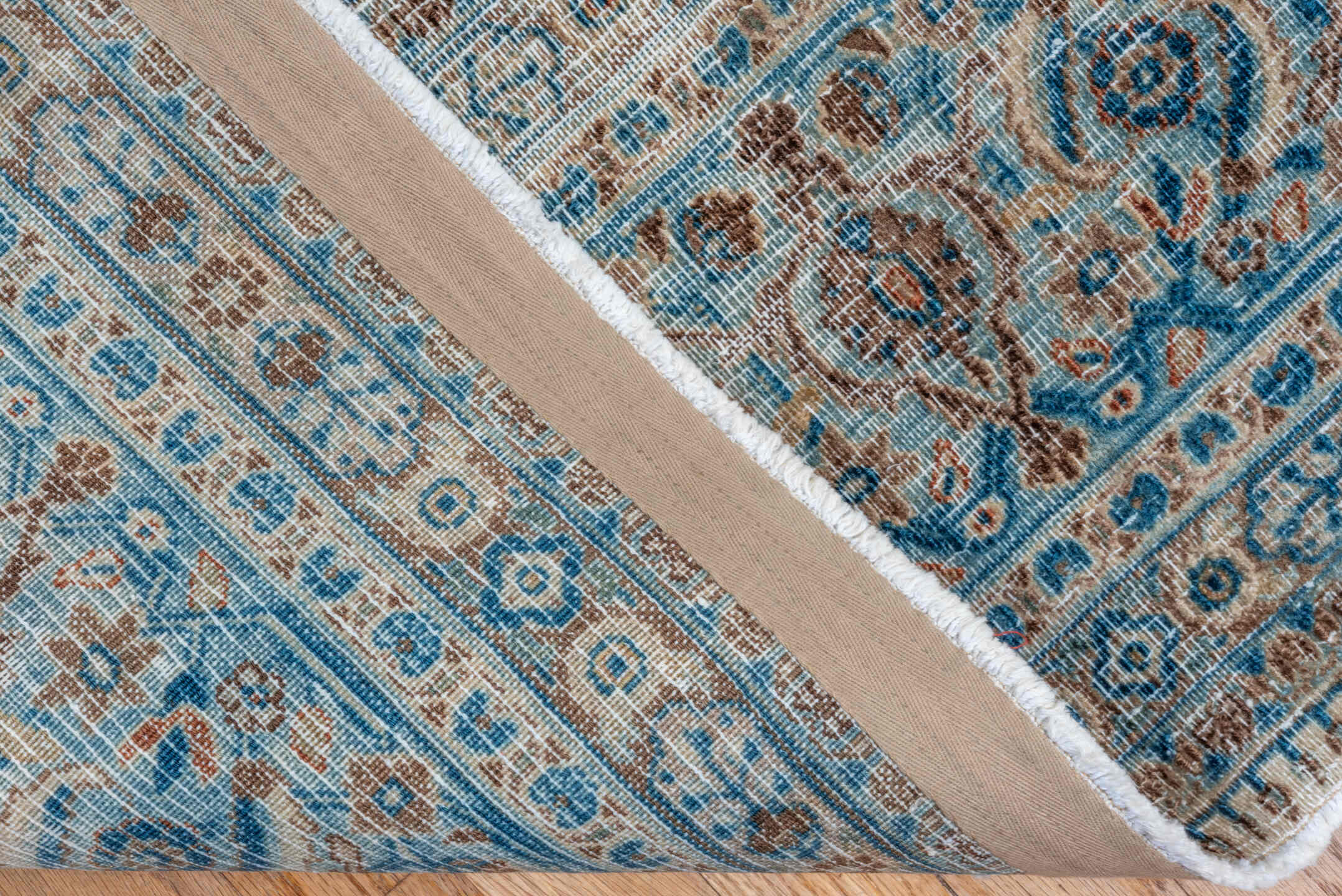 9' x 12' one-of-a-kind handmade antique Tabriz large size rug. Color palette: ivory, sky blue, taupe, beige, slate, camel