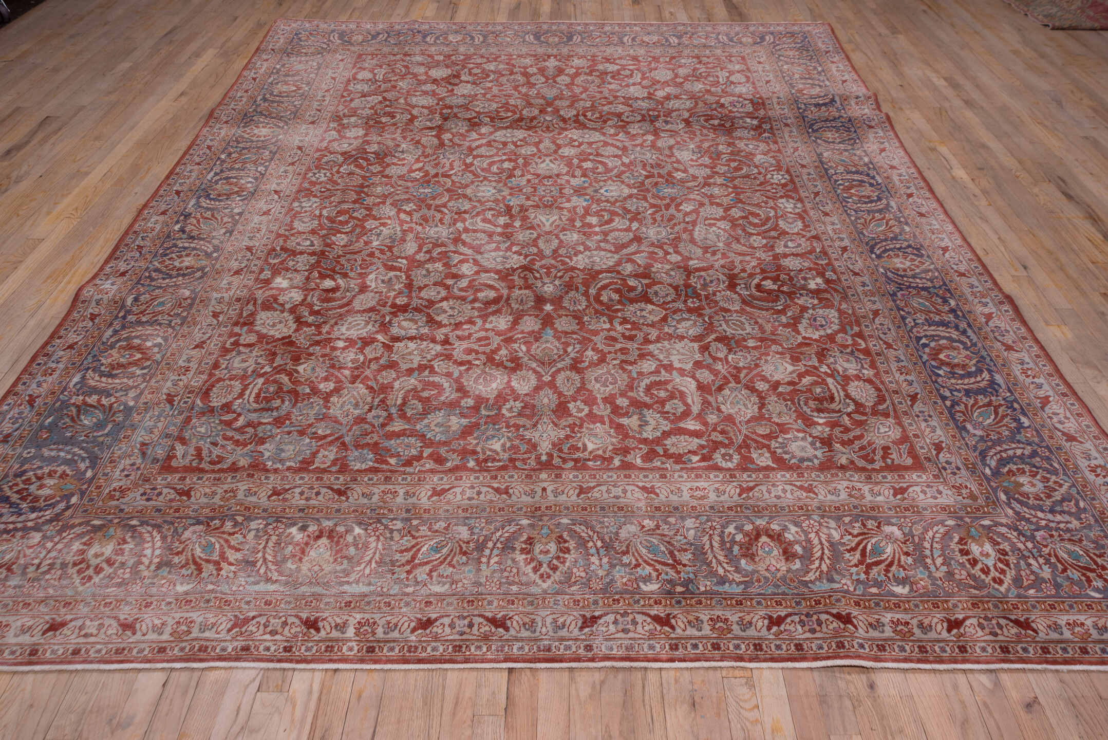 9' x 12' one-of-a-kind handmade antique Kashan large size rug. Color palette: rust, navy, ivory, rose, terracotta, slate