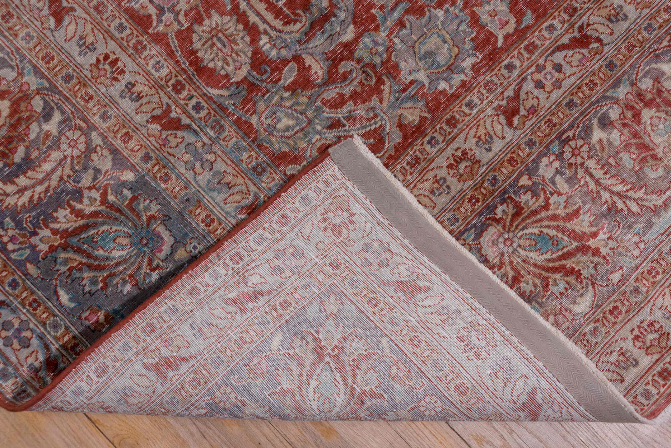 9' x 12' one-of-a-kind handmade antique Kashan large size rug. Color palette: rust, navy, ivory, rose, terracotta, slate