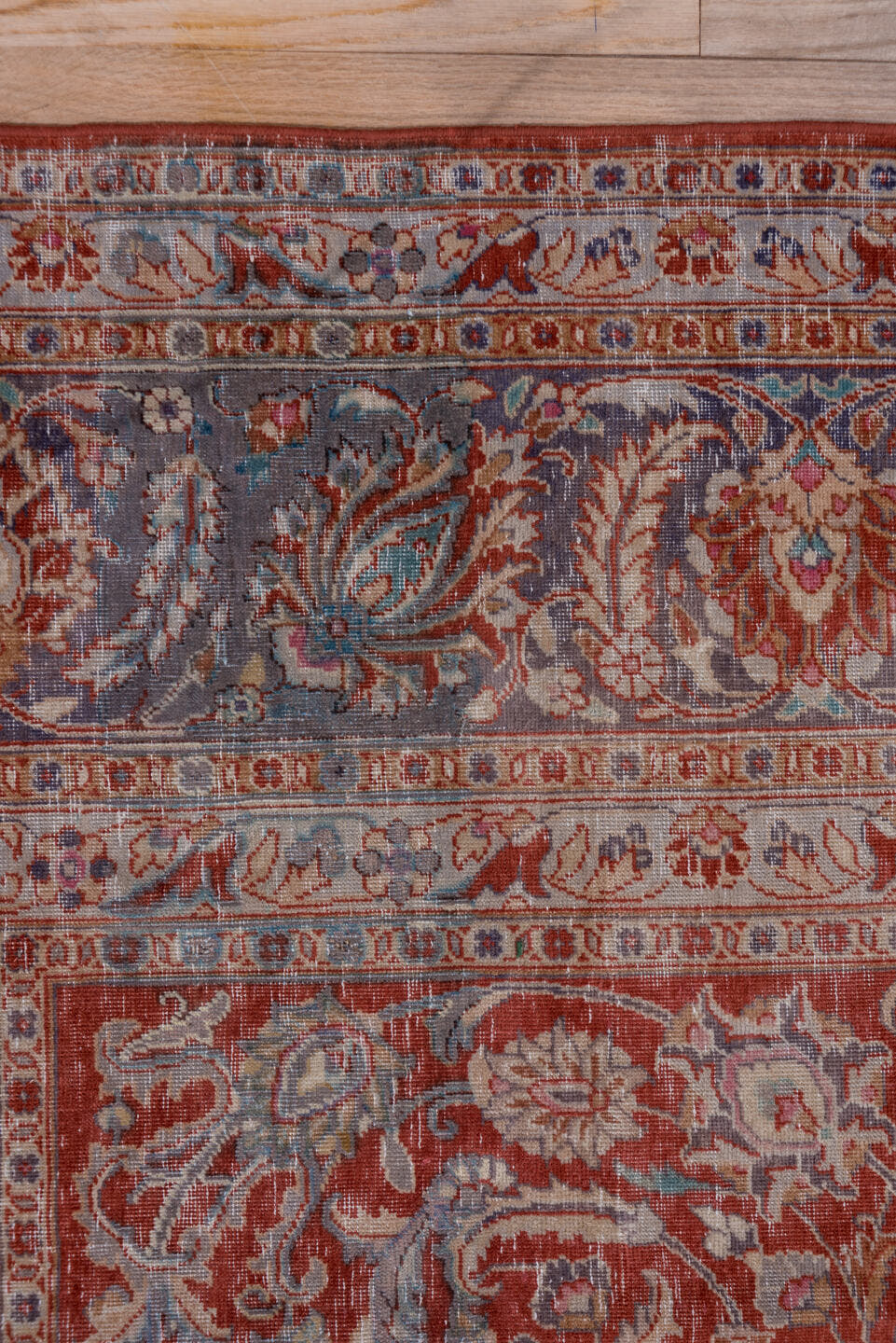 9' x 12' one-of-a-kind handmade antique Kashan large size rug. Color palette: rust, navy, ivory, rose, terracotta, slate