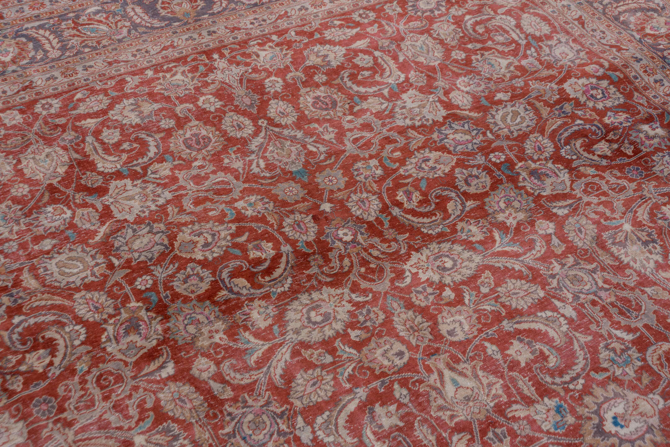 9' x 12' one-of-a-kind handmade antique Kashan large size rug. Color palette: rust, navy, ivory, rose, terracotta, slate