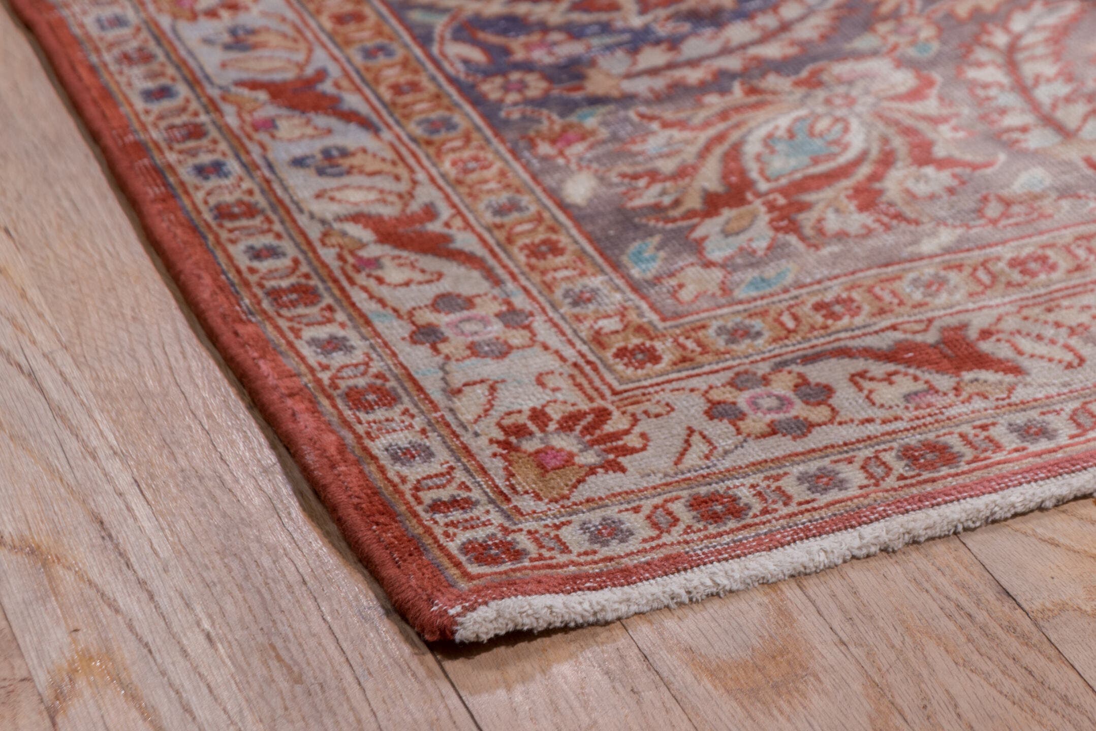 9' x 12' one-of-a-kind handmade antique Kashan large size rug. Color palette: rust, navy, ivory, rose, terracotta, slate