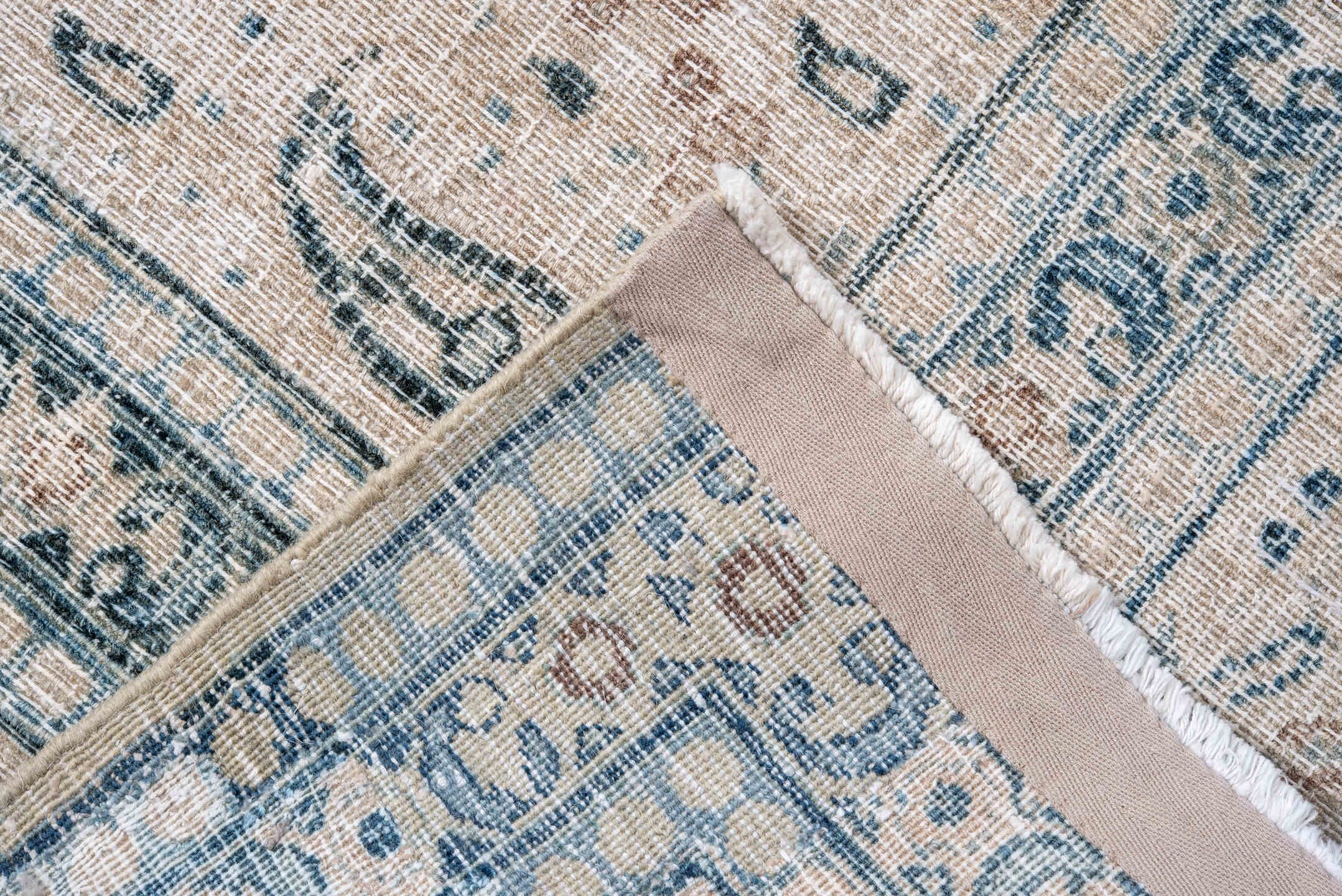10' x 13' one-of-a-kind handmade vintage Khorassan large size rug. Color palette: ivory, sky blue, slate blue, taupe, cream