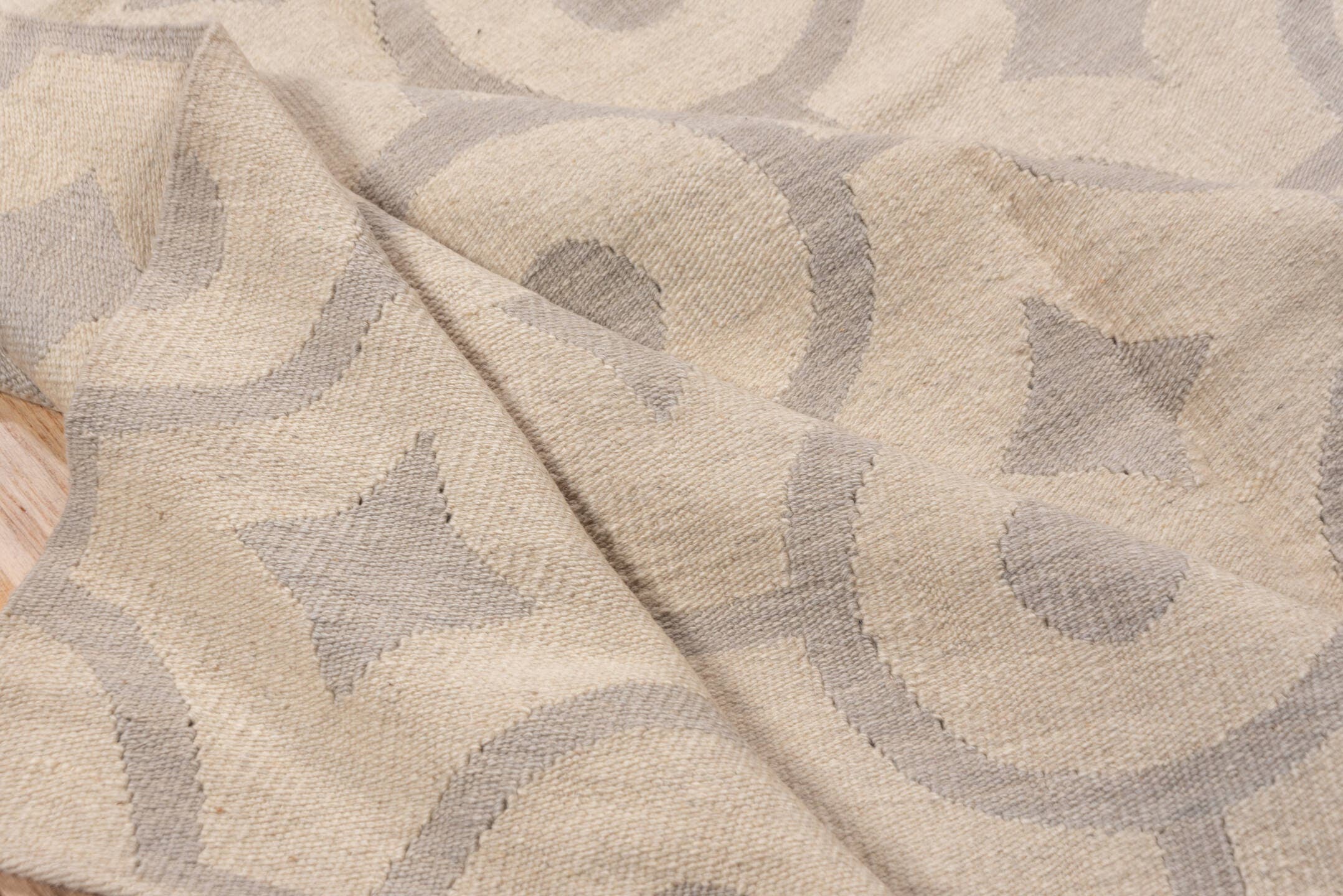 6' x 9' one-of-a-kind handmade vintage Kilim medium size rug. Color palette: ivory, taupe, beige, gray