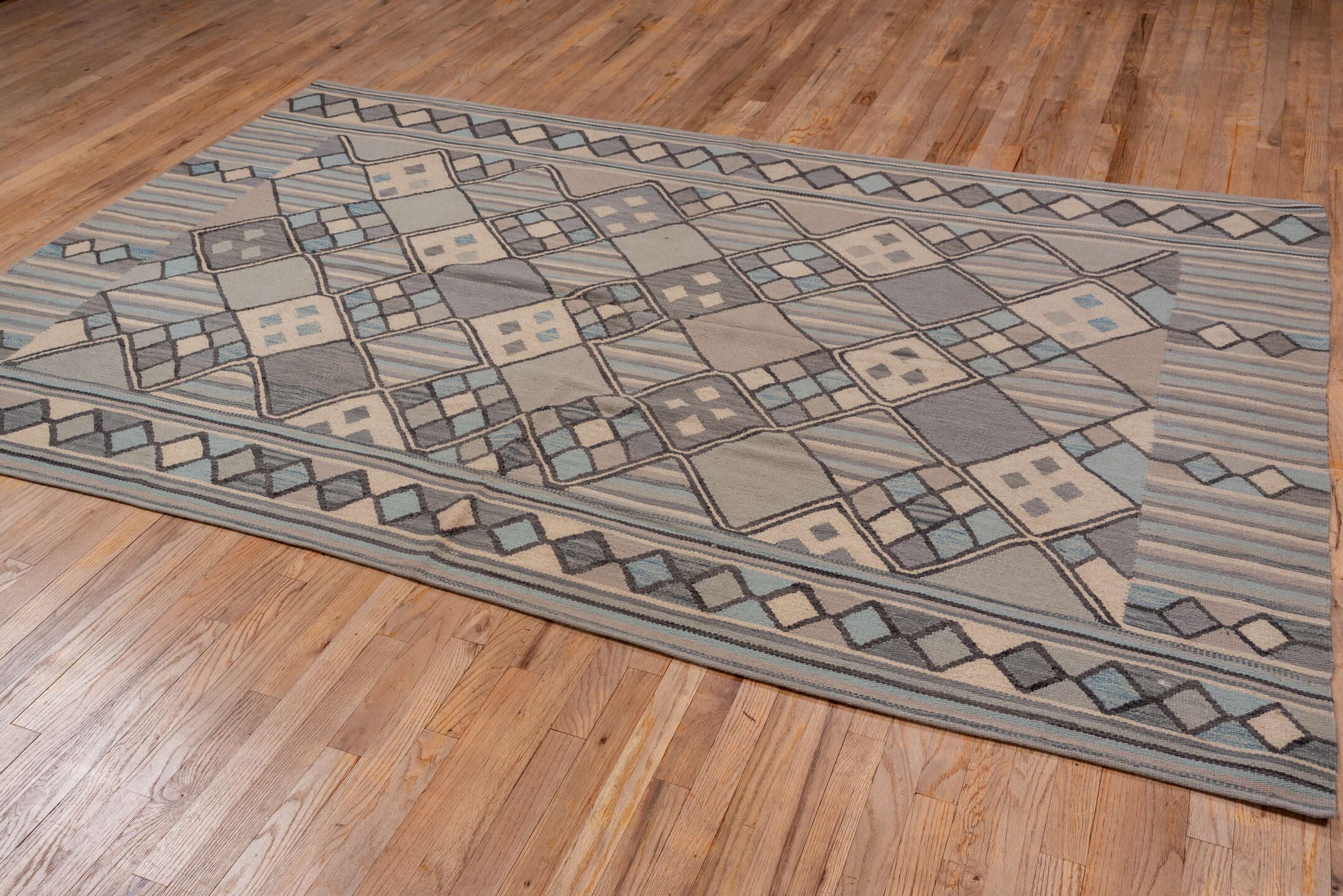 6' x 9' one-of-a-kind handmade vintage Kilim medium size rug. Color palette: taupe, slate, ivory, pale_blue, charcoal, beige