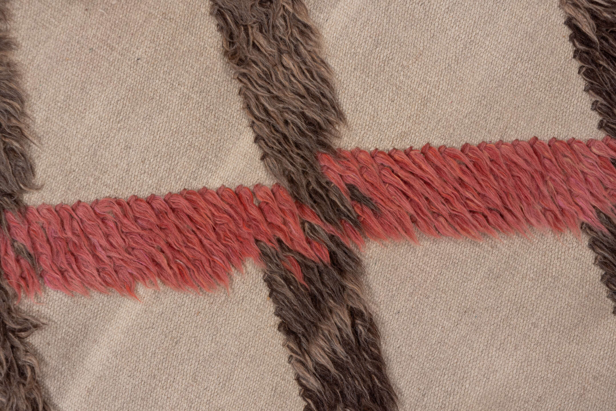 6' x 9' one-of-a-kind handmade vintage Tulu medium size rug. Color palette: ivory, brown, coral, pale blue, sage, taupe