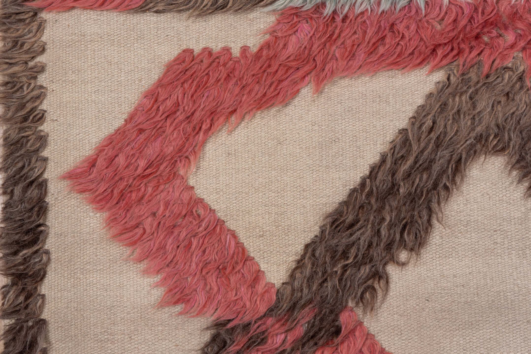 6' x 9' one-of-a-kind handmade vintage Tulu medium size rug. Color palette: ivory, brown, coral, pale blue, sage, taupe