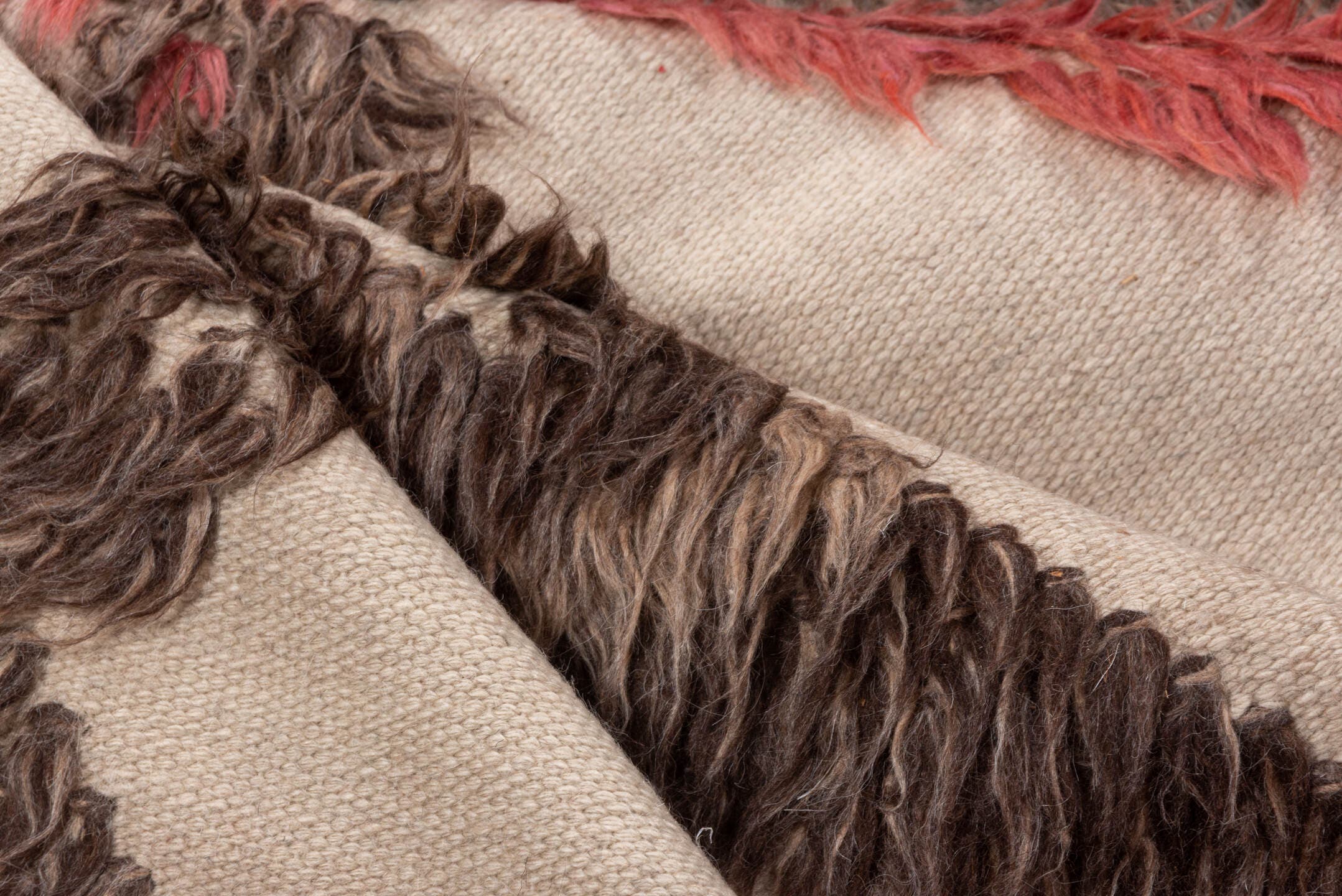 6' x 9' one-of-a-kind handmade vintage Tulu medium size rug. Color palette: ivory, brown, coral, pale blue, sage, taupe