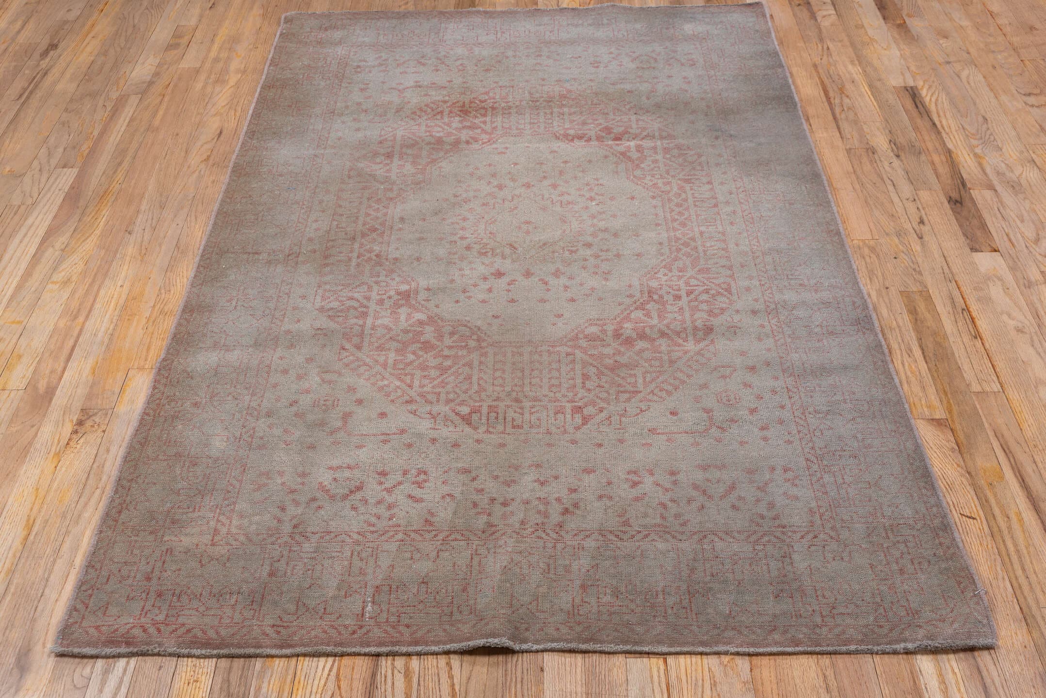 4' x 7' one-of-a-kind handmade vintage Sivas rug. Color palette: blush, taupe, rose, ivory, dusty pink, pink, beige, gray