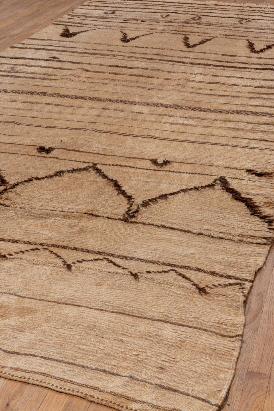 6' x 14' one-of-a-kind handmade vintage Moroccan large size rug. Color palette: brown, off-white, orange, tan