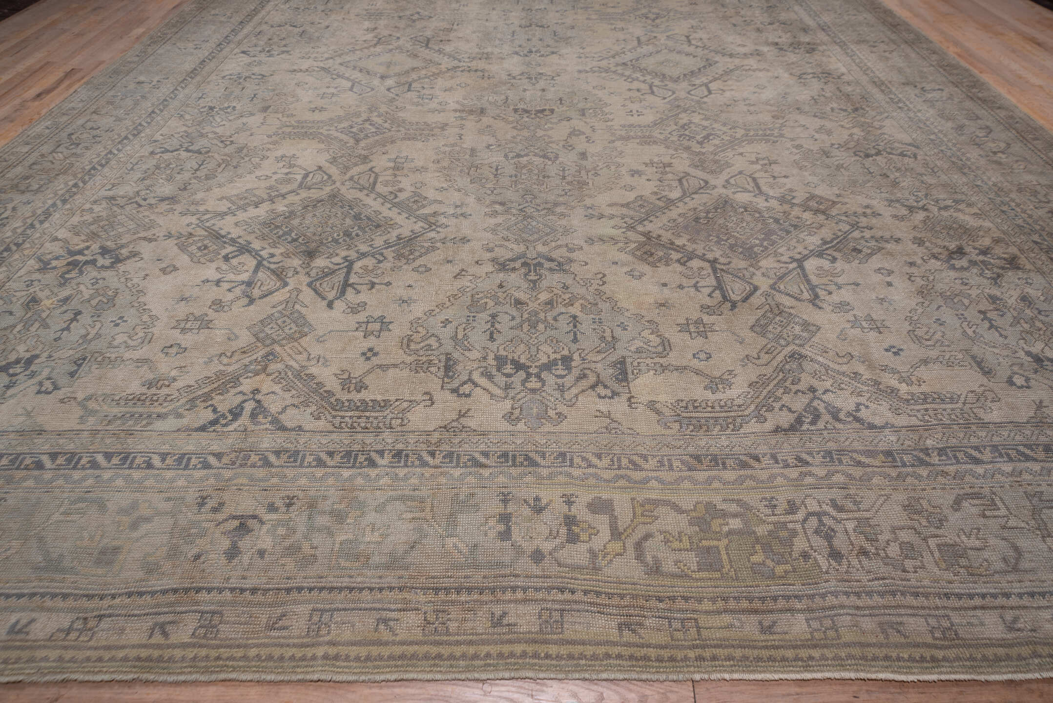 14' x 19' one-of-a-kind handmade antique Oushak oversize rug. Color palette: taupe, ivory, beige, camel, slate, greige, gray
