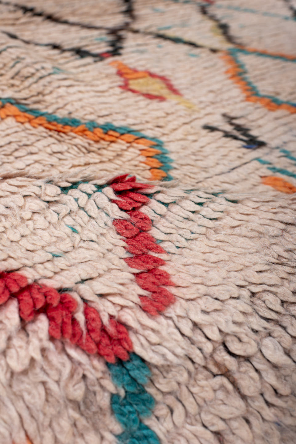 4' x 6' one-of-a-kind handmade vintage Moroccan small size rug. Color palette: ivory, turquoise, charcoal, orange, red, blue
