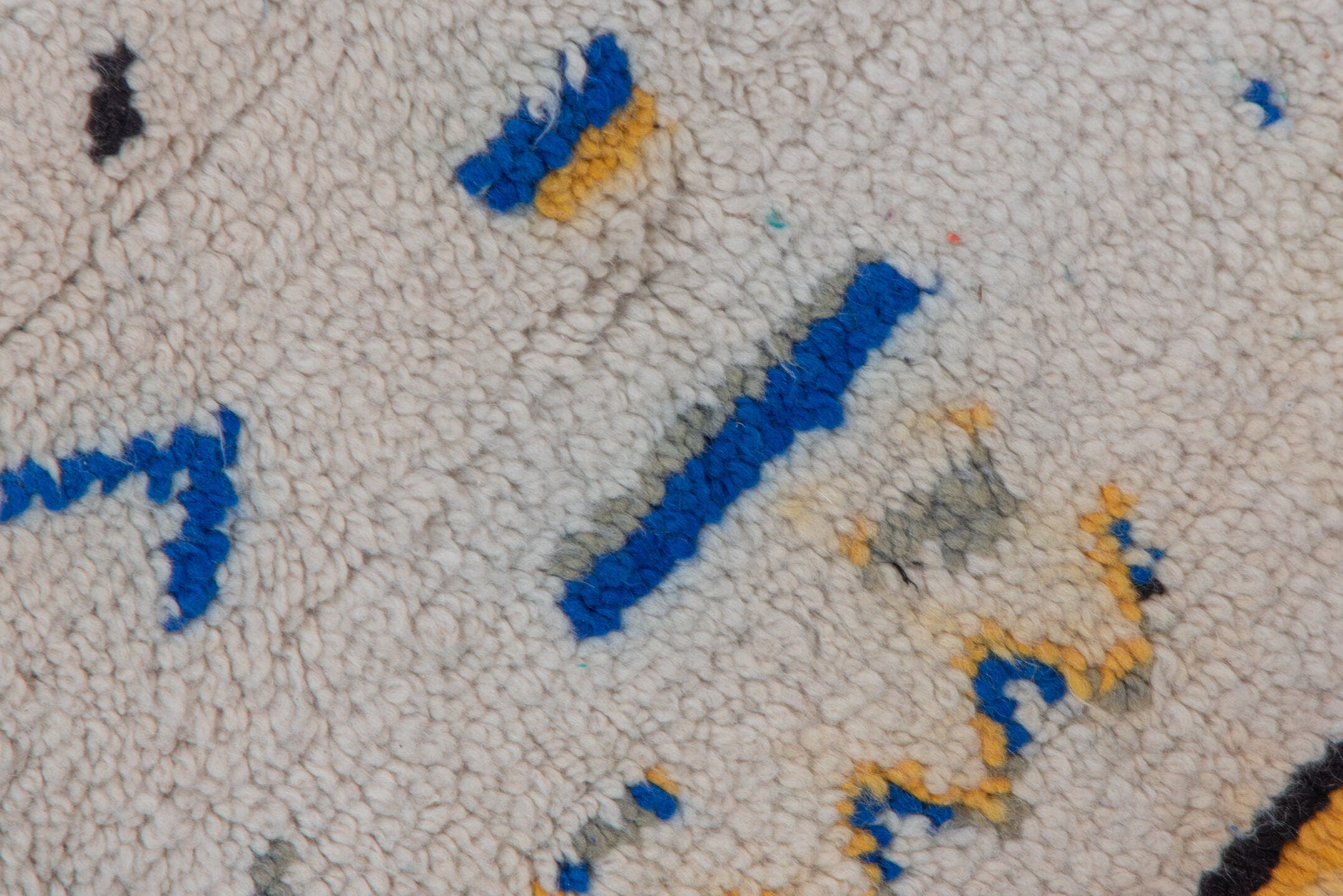 2' x 6' one-of-a-kind handmade vintage Moroccan runner rug. Color palette: ivory, charcoal, cobalt, gray, saffron, teal