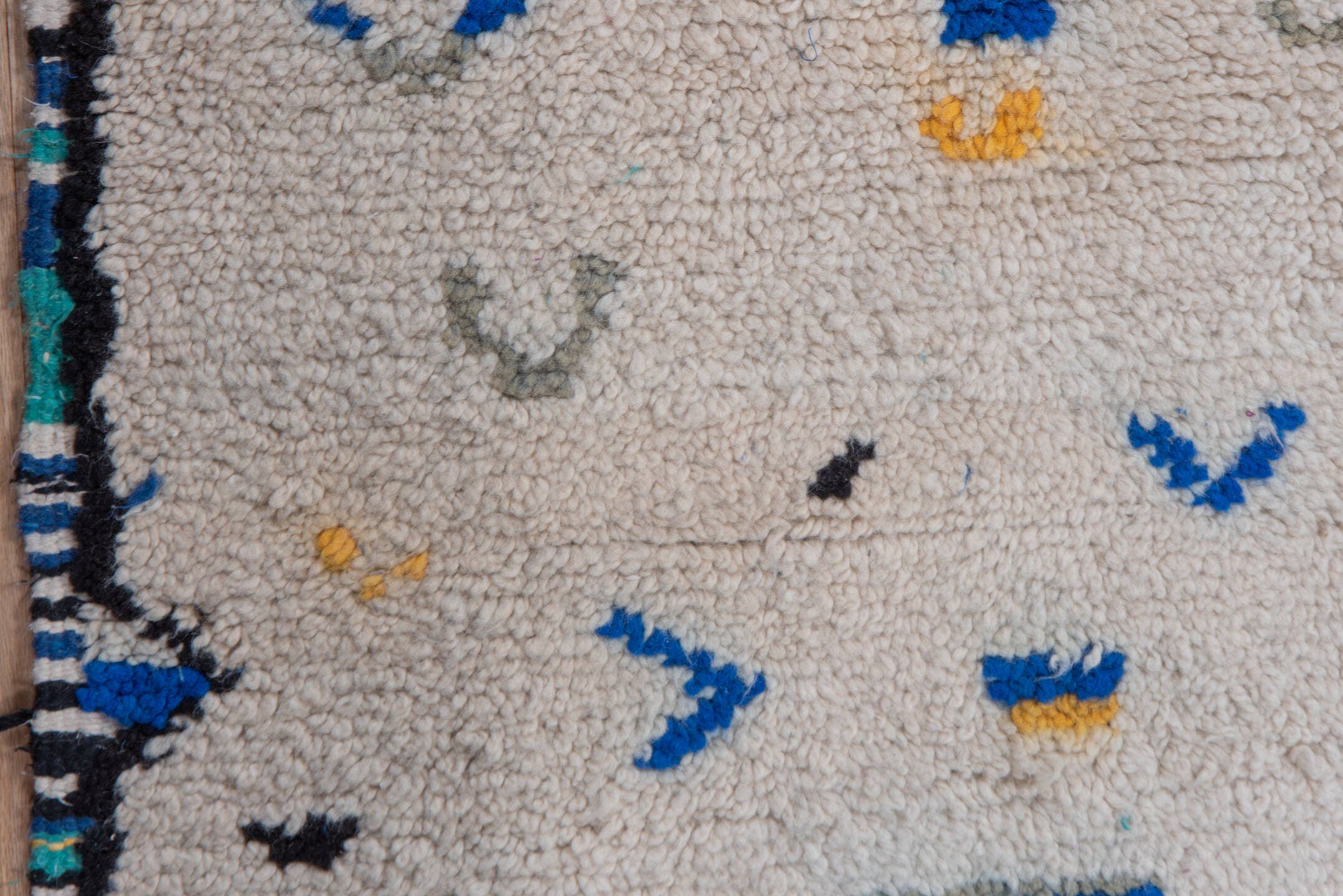 2' x 6' one-of-a-kind handmade vintage Moroccan runner rug. Color palette: ivory, charcoal, cobalt, gray, saffron, teal