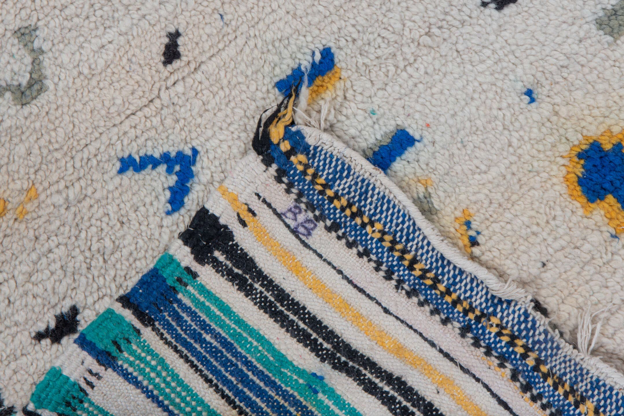 2' x 6' one-of-a-kind handmade vintage Moroccan runner rug. Color palette: ivory, charcoal, cobalt, gray, saffron, teal