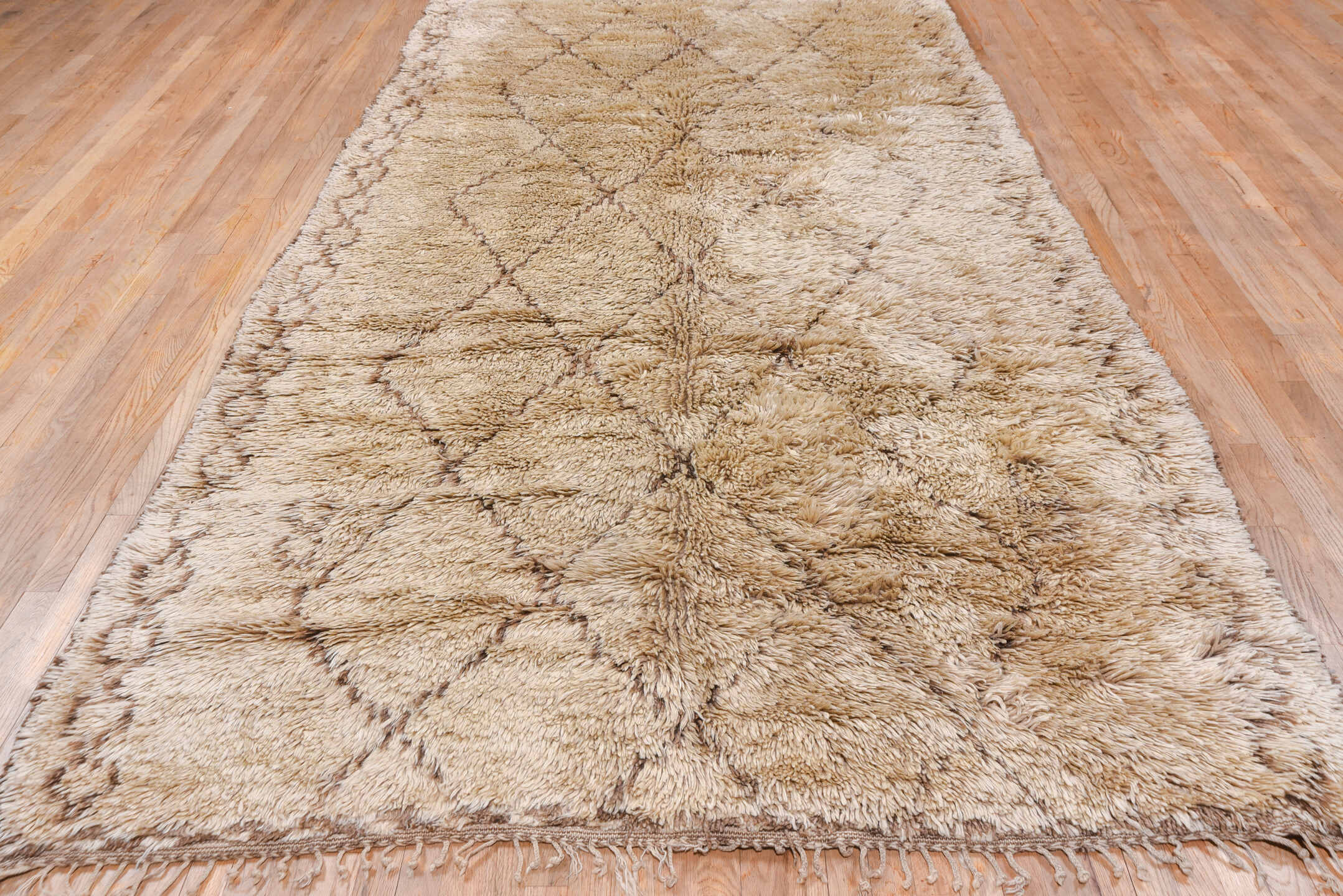 6' x 12' one-of-a-kind handmade vintage Moroccan large size rug. Color palette: ivory, camel, taupe, beige, brown, gray