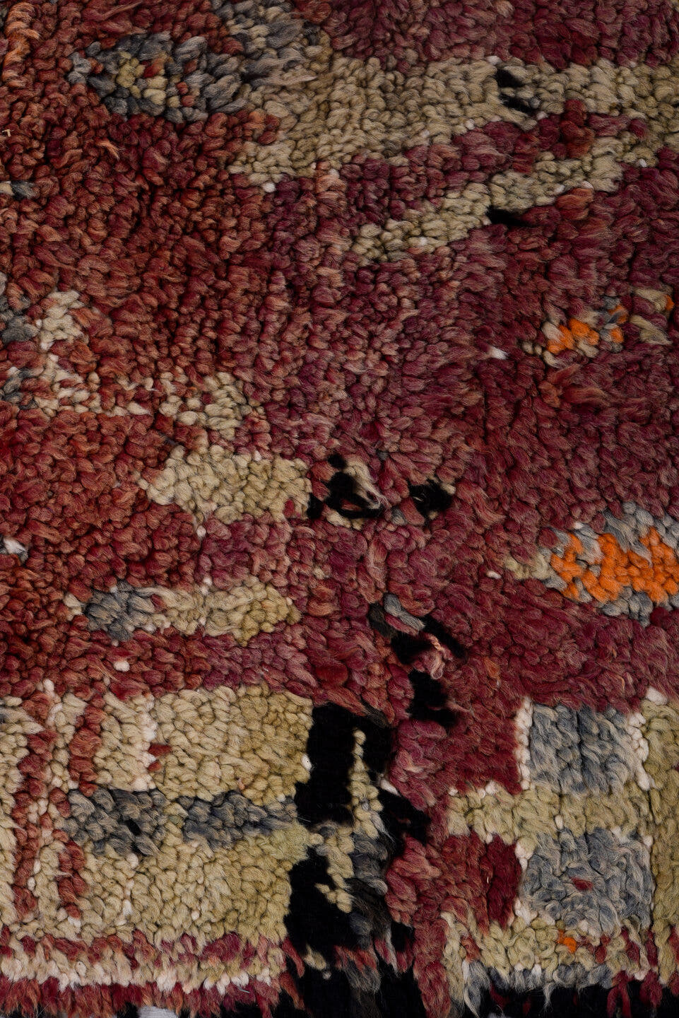 6' x 9' one-of-a-kind handmade vintage Moroccan medium size rug. Color palette: rose, burgundy, charcoal, ivory, rust