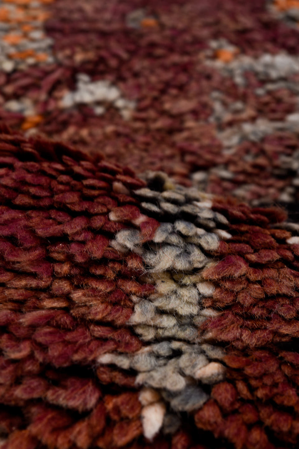 6' x 9' one-of-a-kind handmade vintage Moroccan medium size rug. Color palette: rose, burgundy, charcoal, ivory, rust