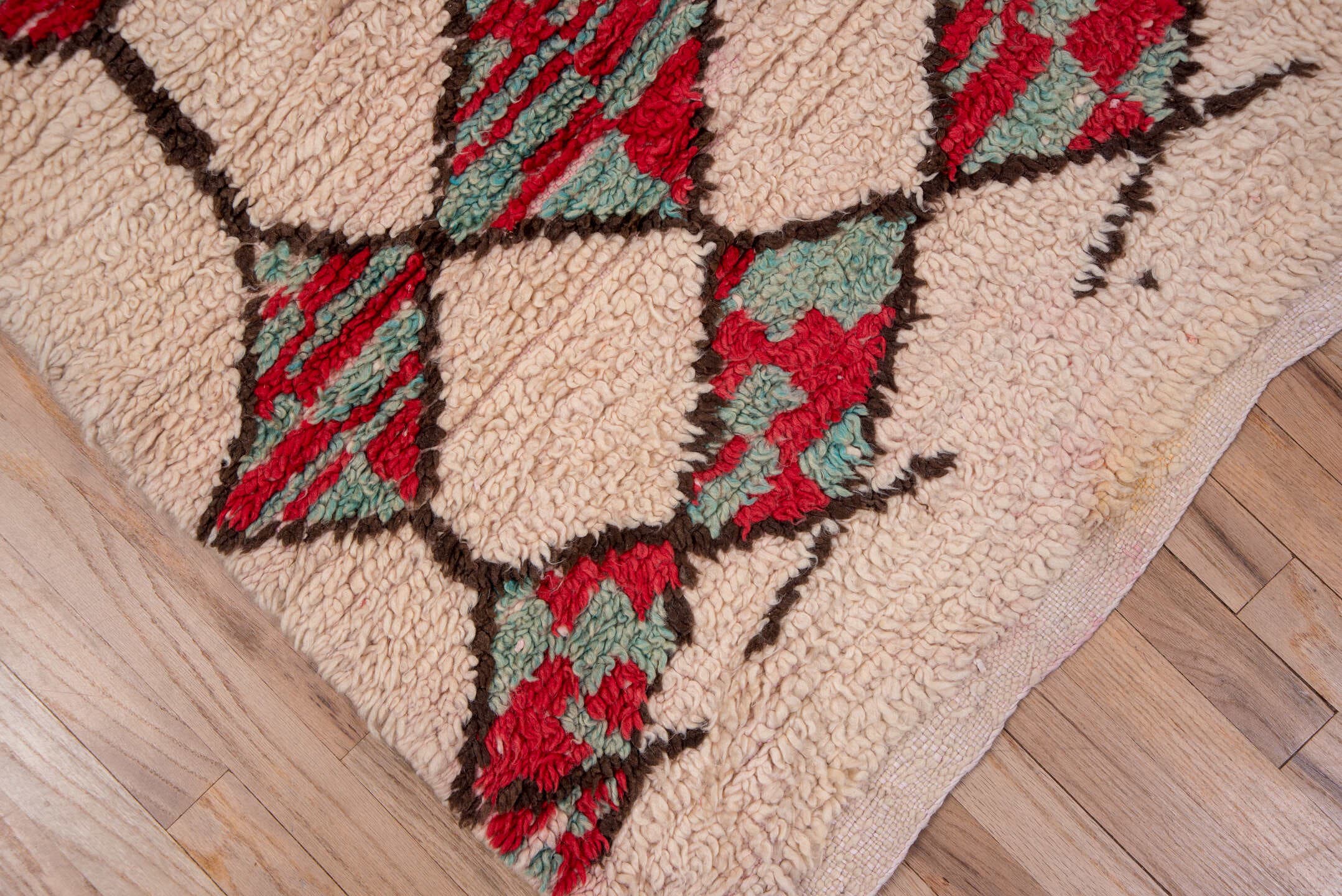 5' x 8' one-of-a-kind handmade vintage Moroccan medium size rug. Color palette: ivory, crimson, charcoal, sage, blush, red