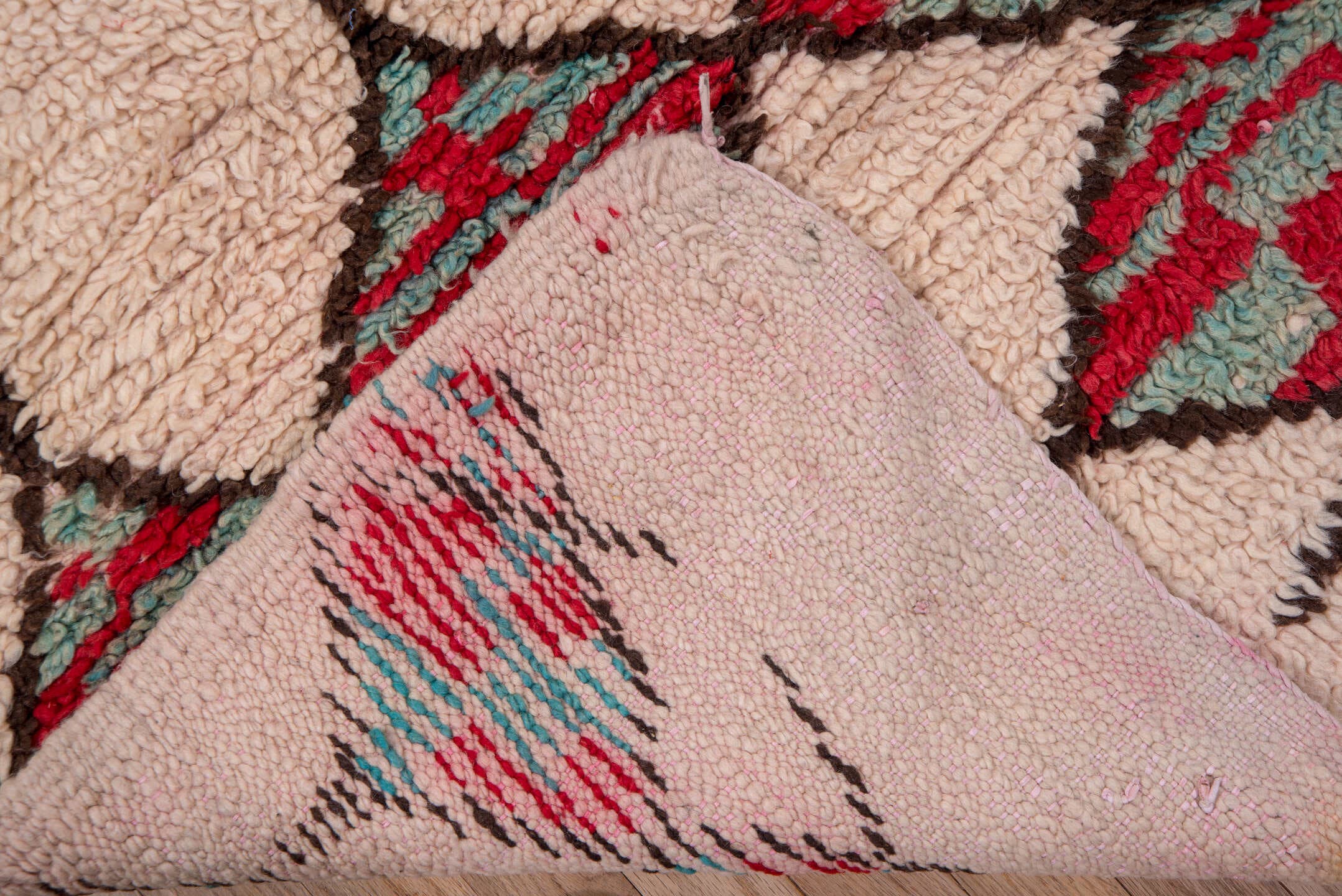 5' x 8' one-of-a-kind handmade vintage Moroccan medium size rug. Color palette: ivory, crimson, charcoal, sage, blush, red