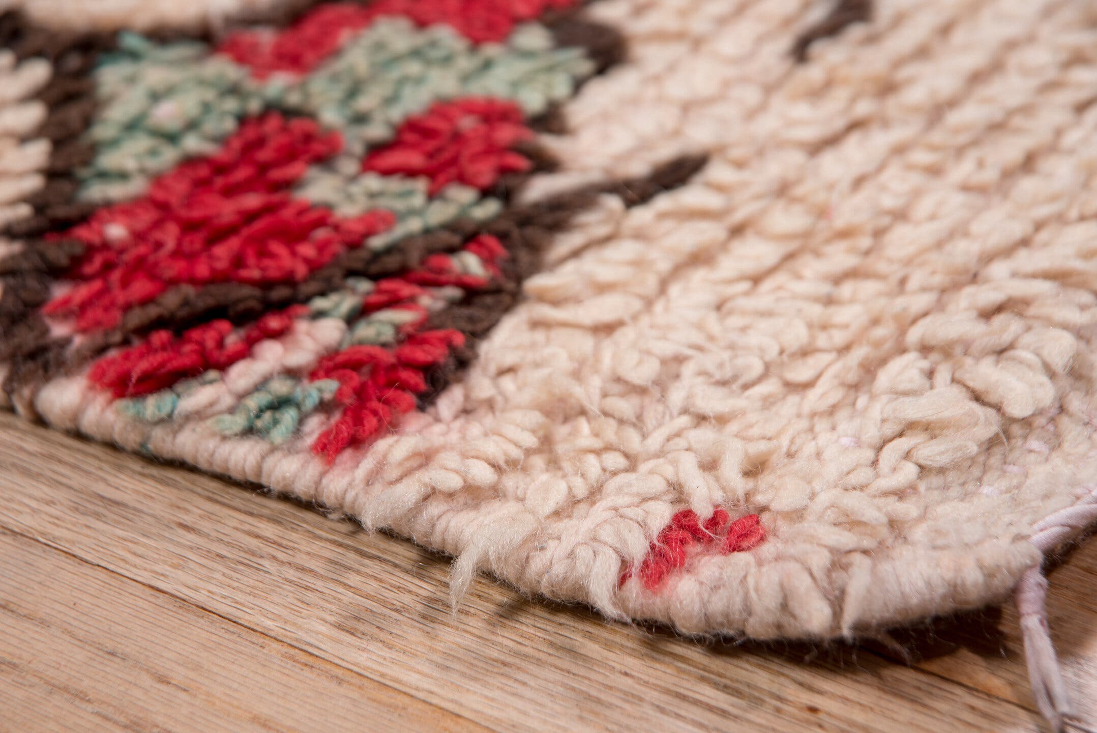 5' x 8' one-of-a-kind handmade vintage Moroccan medium size rug. Color palette: ivory, crimson, charcoal, sage, blush, red