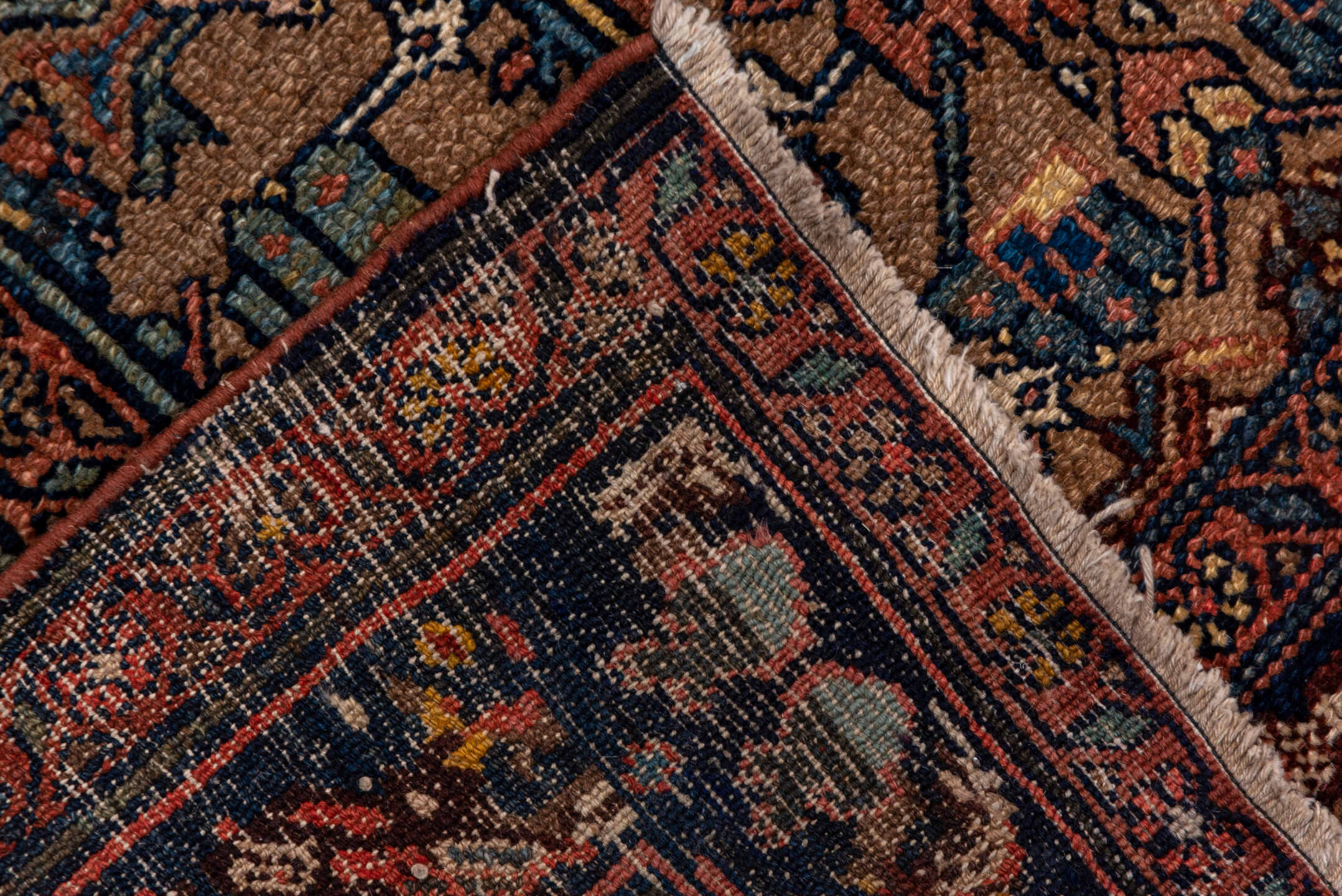 12' x 21' one-of-a-kind handmade antique Bibikabad oversize rug. Color palette: rust, navy, ivory, camel, terra cotta, slate