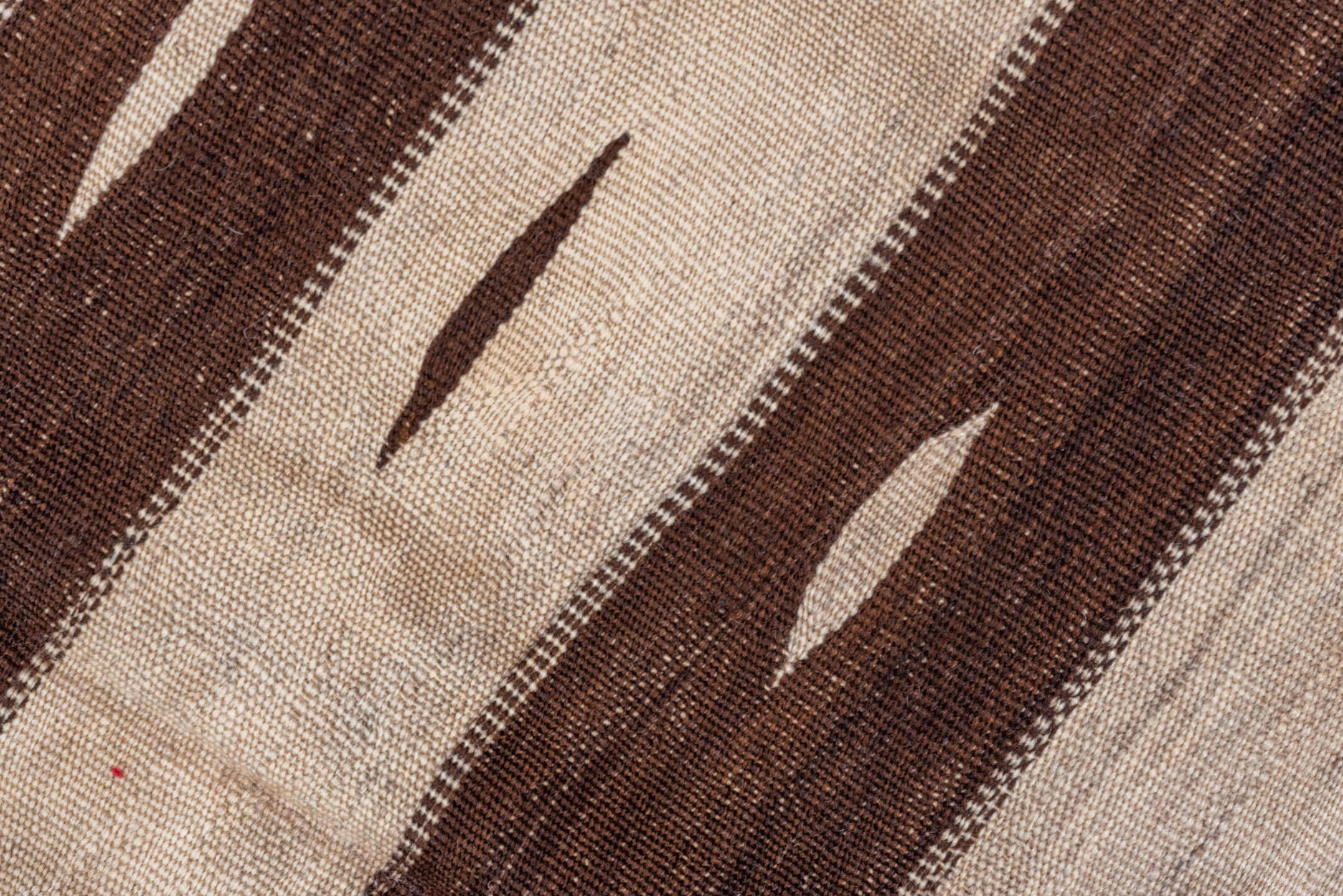 4' x 7' one-of-a-kind handmade vintage Blanket rug. Color palette: brown, gray, light gray, off-white, pink, redwood