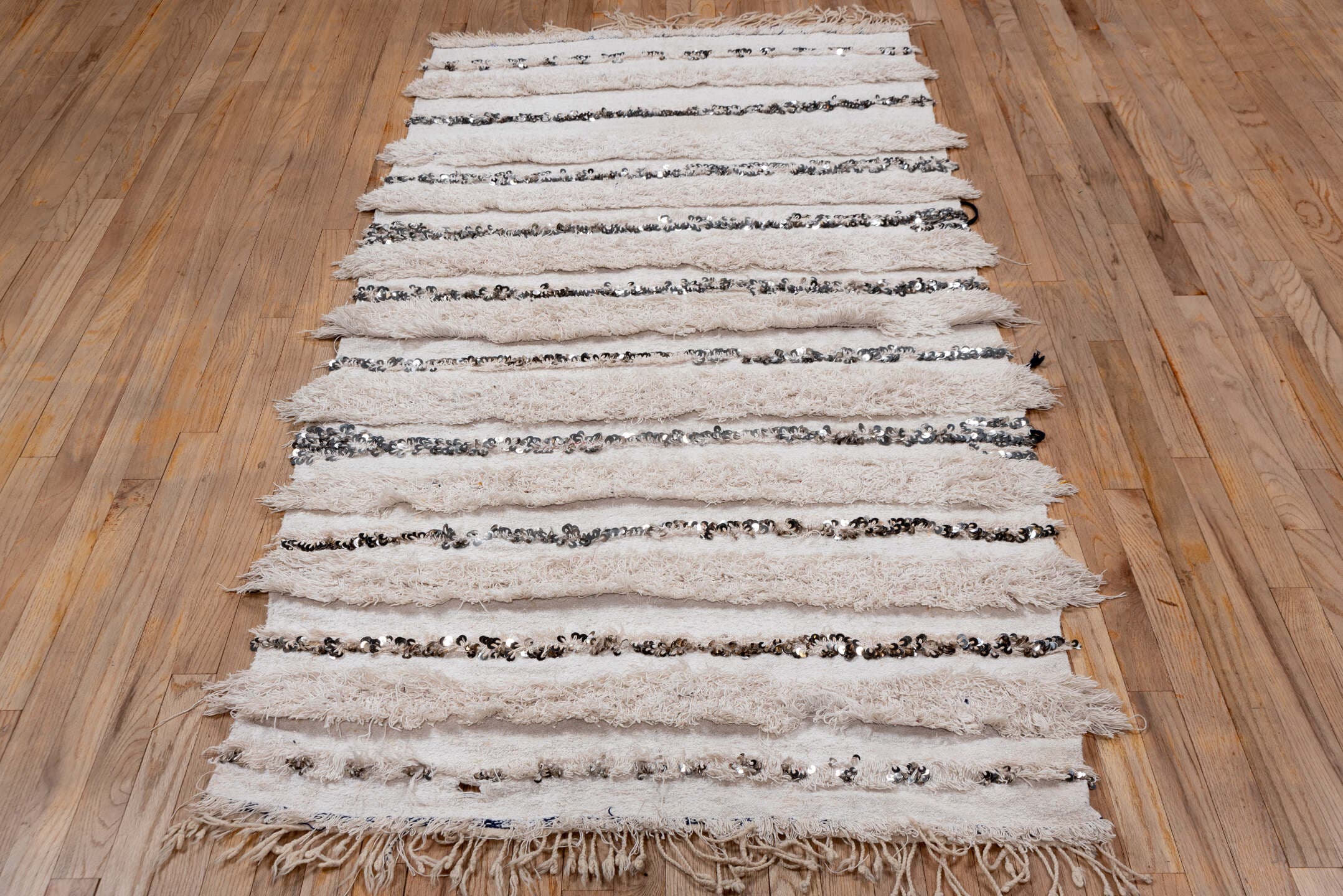 4' x 6' one-of-a-kind handmade vintage Wedding Blanket small size rug. Color palette: ivory, cream, silver, taupe, charcoal