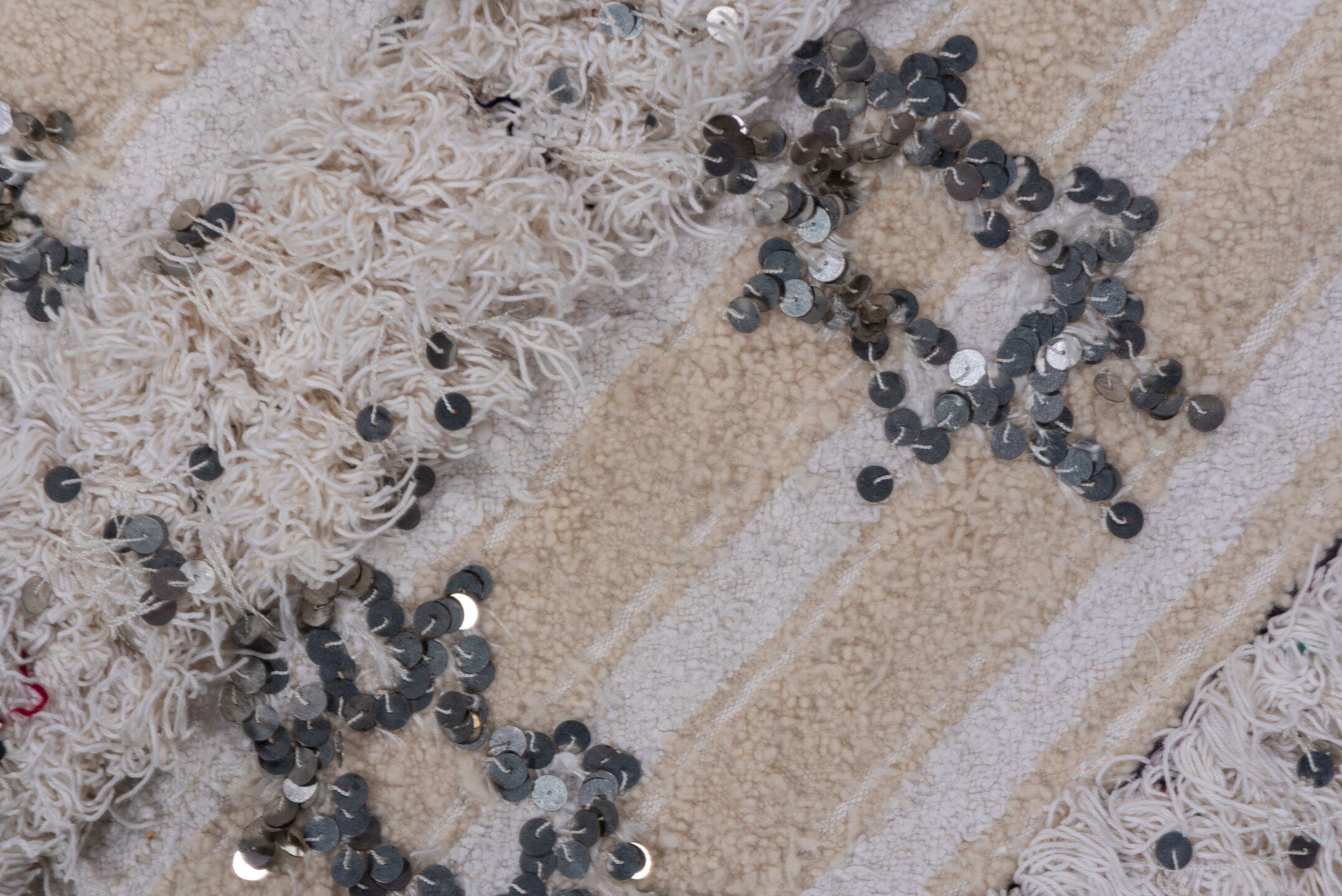 4' x 6' one-of-a-kind handmade vintage Wedding Blanket small size rug. Color palette: ivory, cream, silver, beige, gray