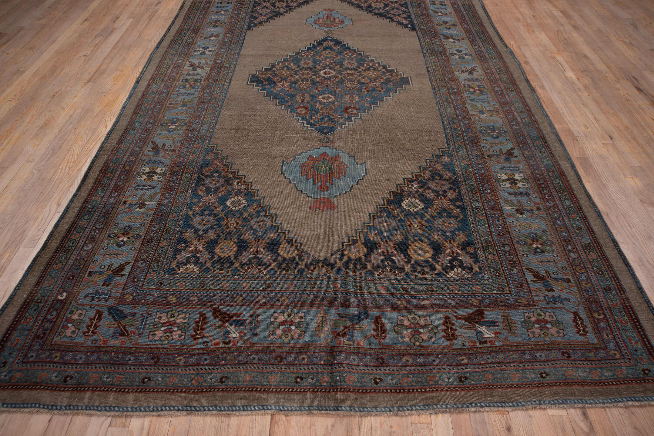 7' x 12' one-of-a-kind handmade antique Bidjar large size rug. Color palette: taupe, sky blue, indigo, rust, ivory, slate