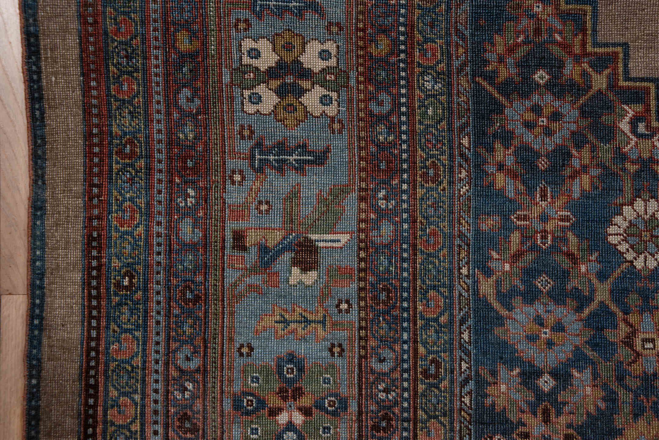 7' x 12' one-of-a-kind handmade antique Bidjar large size rug. Color palette: taupe, sky blue, indigo, rust, ivory, slate