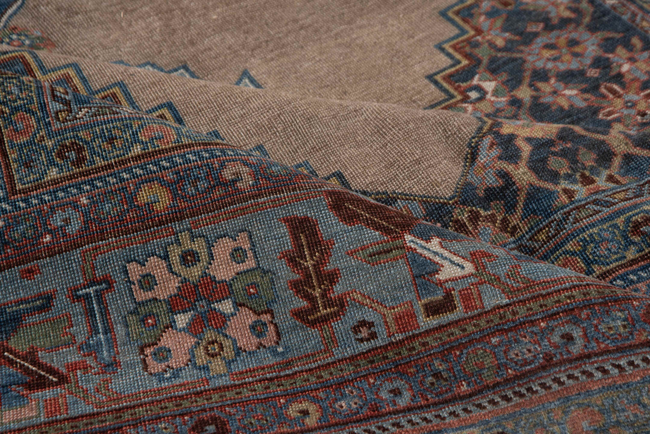 7' x 12' one-of-a-kind handmade antique Bidjar large size rug. Color palette: taupe, sky blue, indigo, rust, ivory, slate