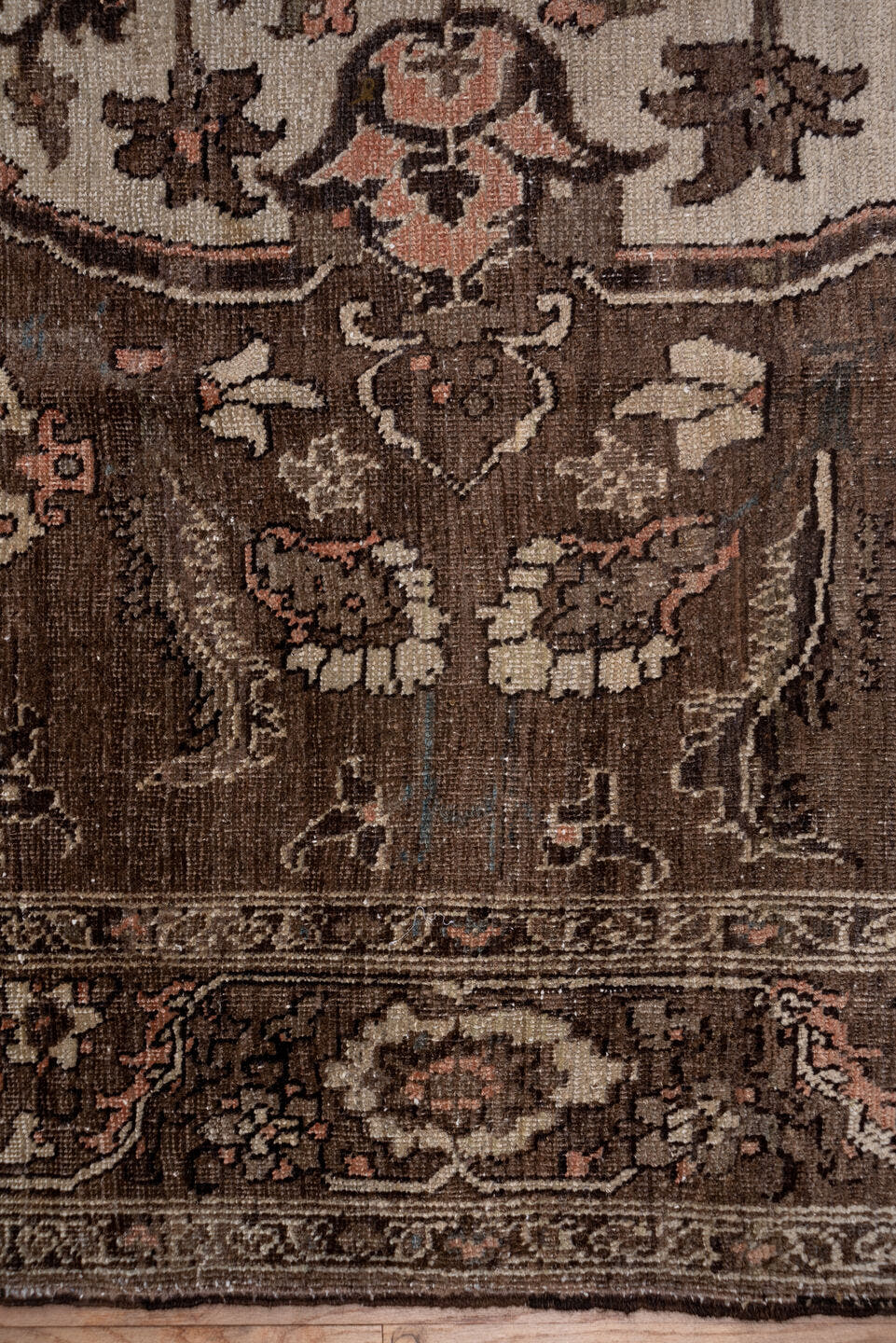 9' x 12' one-of-a-kind handmade antique Heriz large size rug. Color palette: taupe, brown, ivory, charcoal, rose, slate
