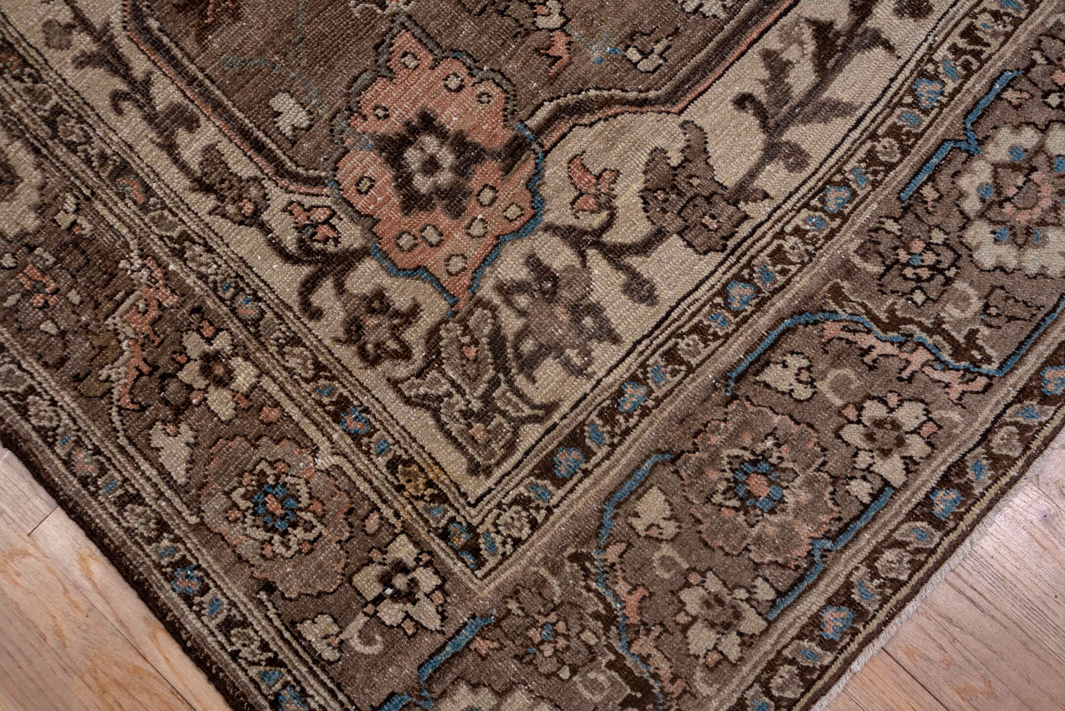 9' x 12' one-of-a-kind handmade vintage Heriz large size rug. Color palette: blue, brown, gray, light gray, off-white, pink
