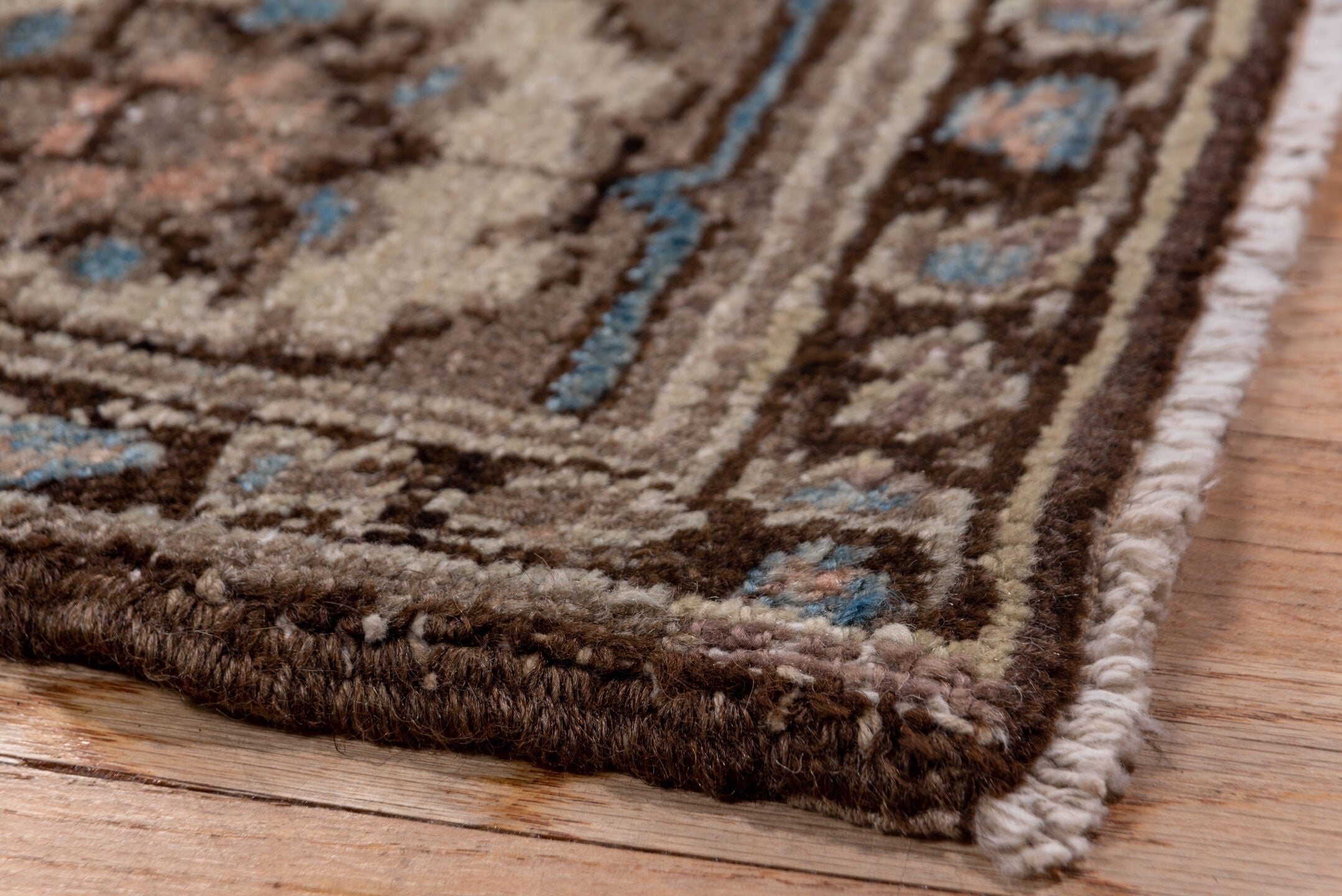 9' x 12' one-of-a-kind handmade vintage Heriz large size rug. Color palette: blue, brown, gray, light gray, off-white, pink