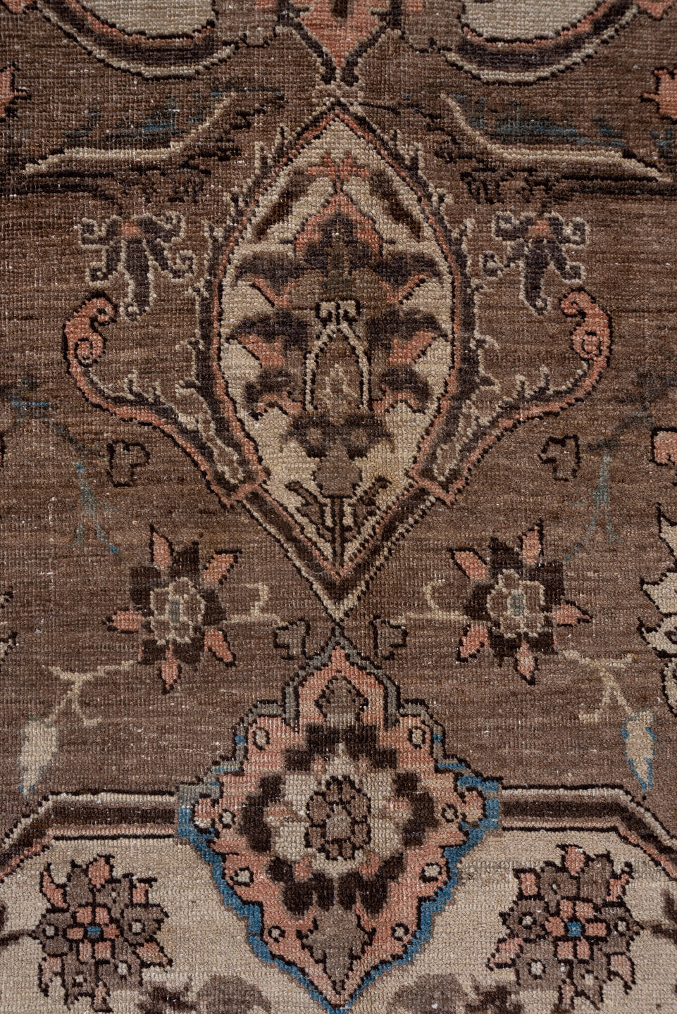 9' x 12' one-of-a-kind handmade antique Heriz large size rug. Color palette: taupe, brown, ivory, charcoal, rose, slate