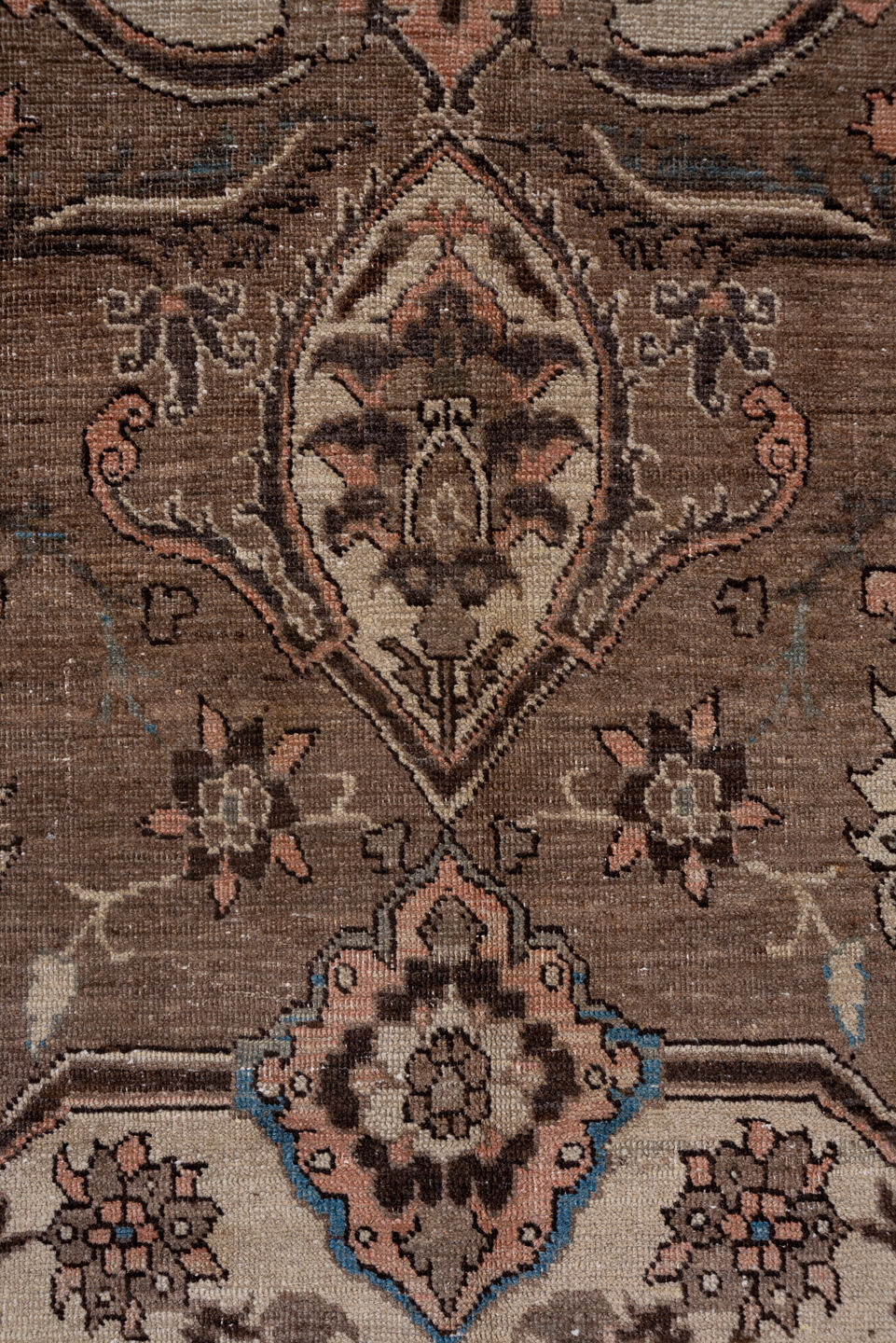 9' x 12' one-of-a-kind handmade vintage Heriz large size rug. Color palette: blue, brown, gray, light gray, off-white, pink