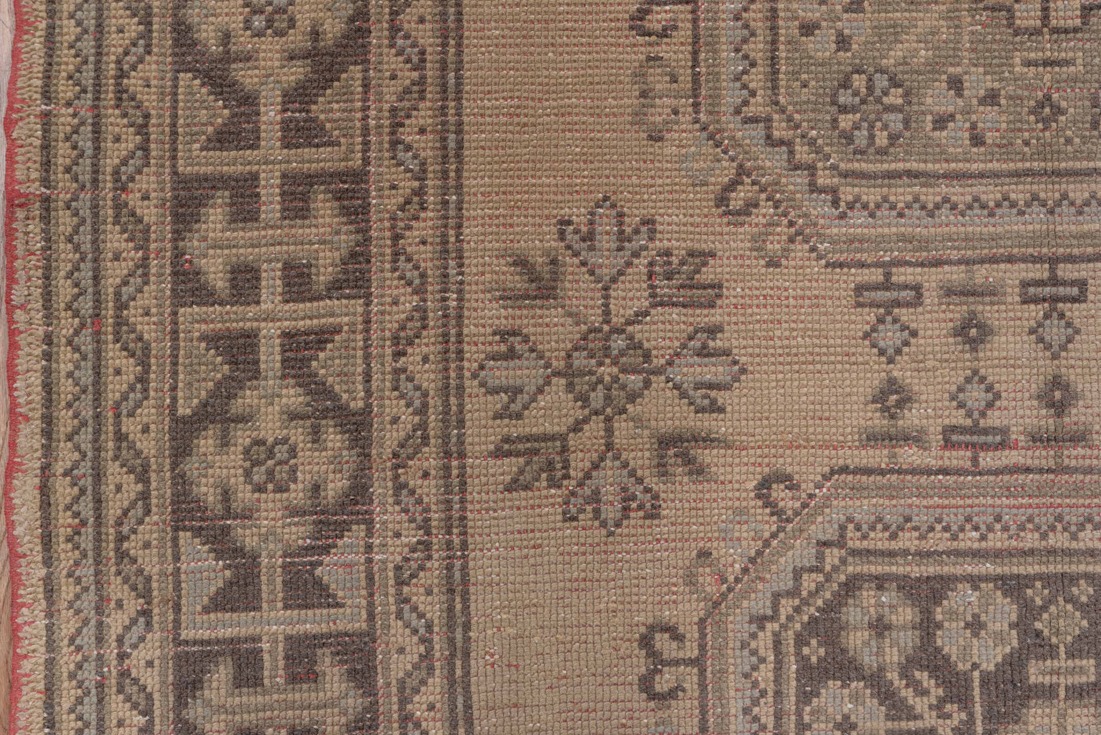 4' x 11' one-of-a-kind handmade vintage Oushak runner rug. Color palette: brown, gray, light gray, off-white, pink, snow