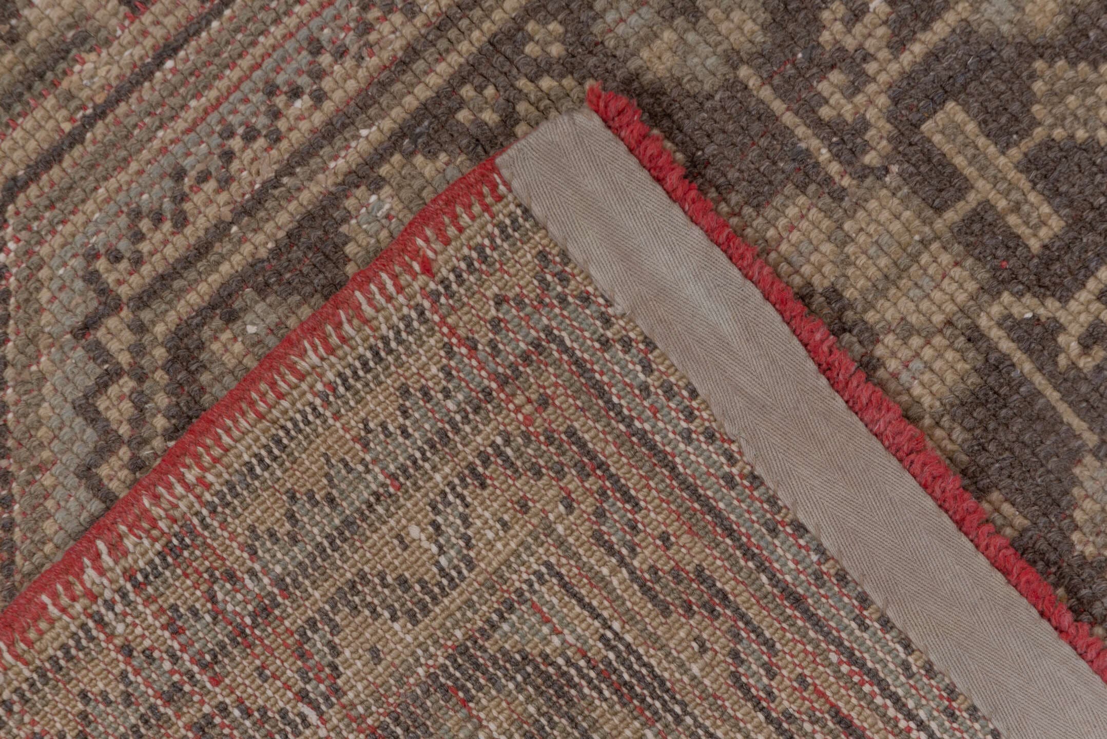 4' x 11' one-of-a-kind handmade antique Oushak runner rug. Color palette: taupe, ivory, rose, charcoal, beige, gray, pink