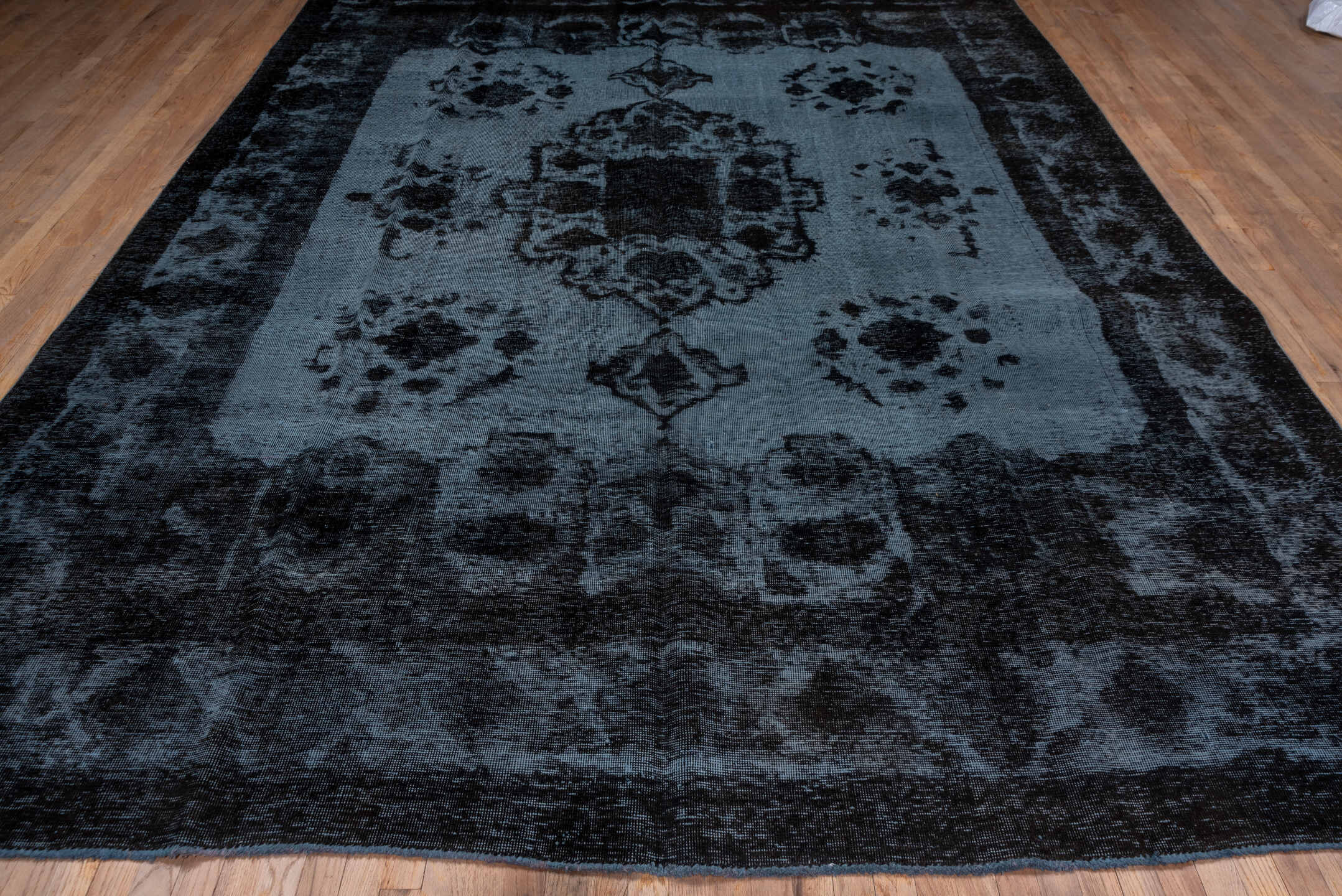 9' x 12' one-of-a-kind handmade vintage Overdyed large size rug. Color palette: black, blue, charcoal, dim gray, gray
